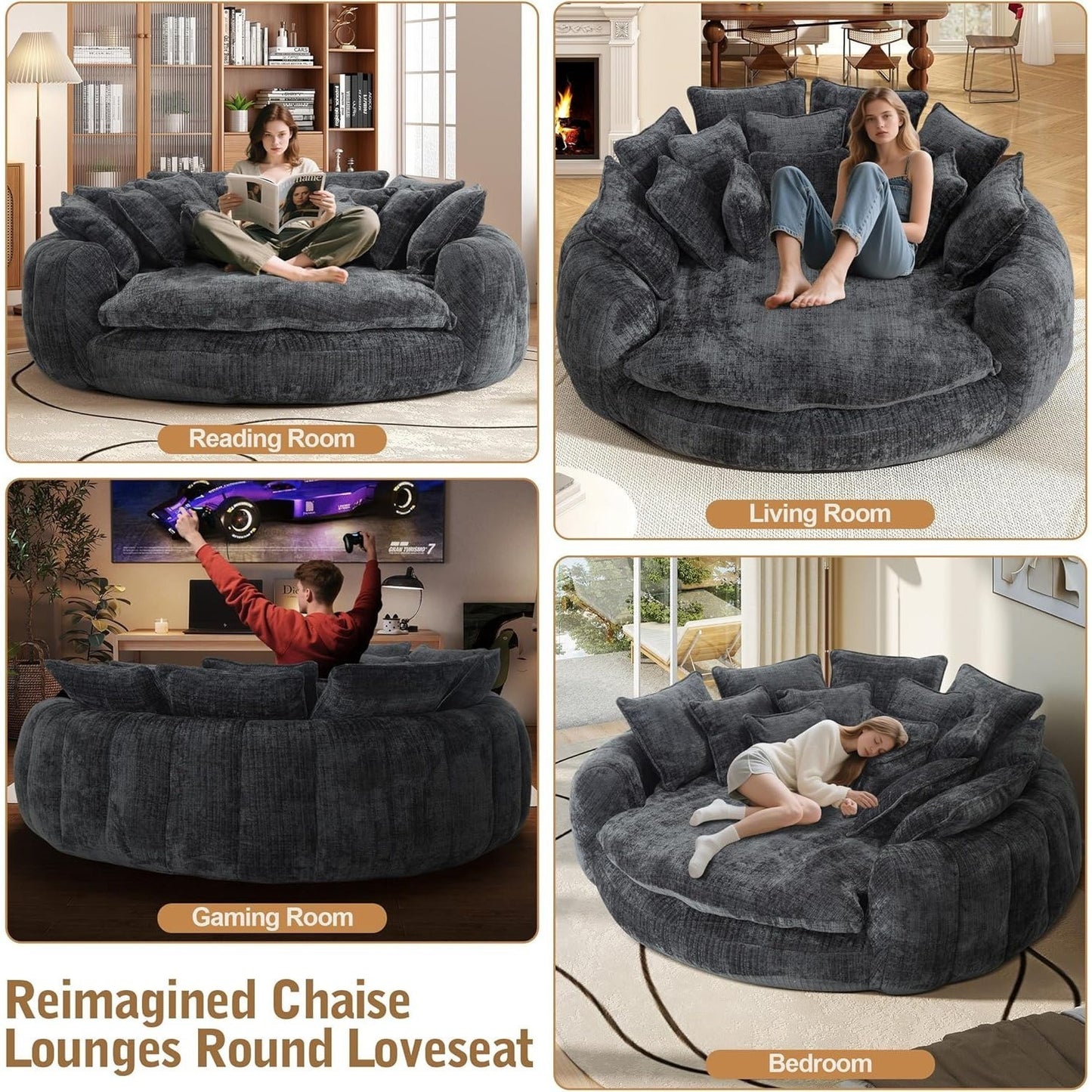 82'' Oversized Upholstered Sofa Bed, Round Chaise Lounge Chair Indoor, Modern Chenille Boneless Couch, No Assembly Required, Plush Sleeper Chair with 14 Pillows for Living Room