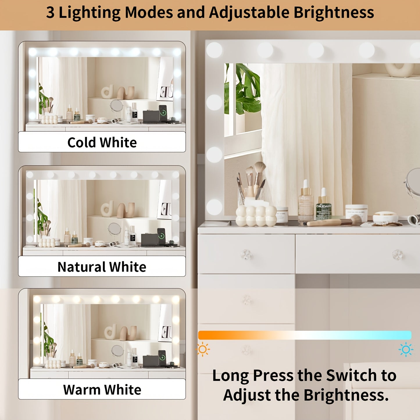 Makeup Vanity Set with Large Illuminated Mirror, 11 Drawer Vanity Desk with Glass Countertop for Bedroom, 3 Light Modes, White