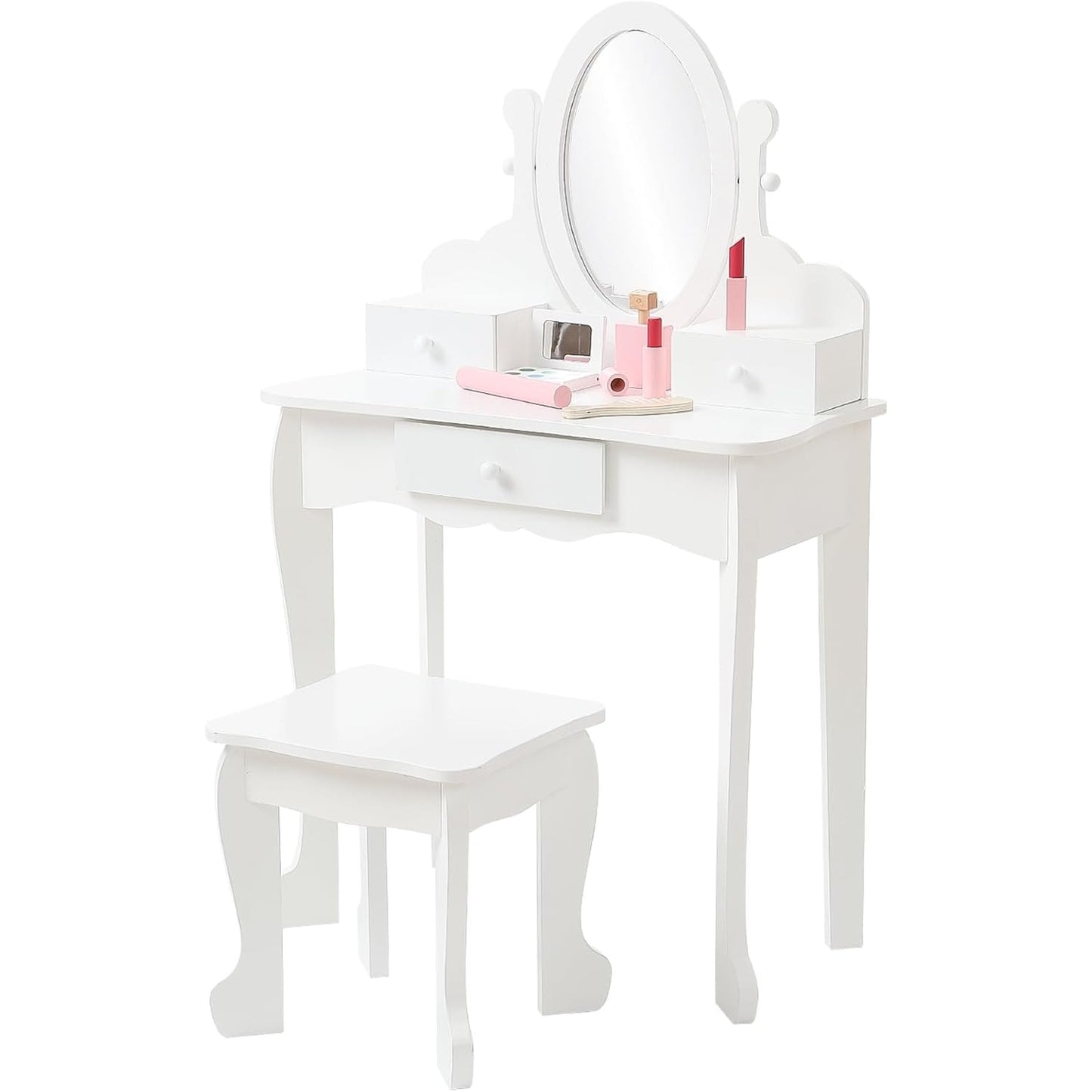 Girls Vanity Set Adjustable Angle Mirror Vanity Set | Pretend Play Girls Vanity Table and Chair Set with Mirror, Stool, and Wood Makeup Playset