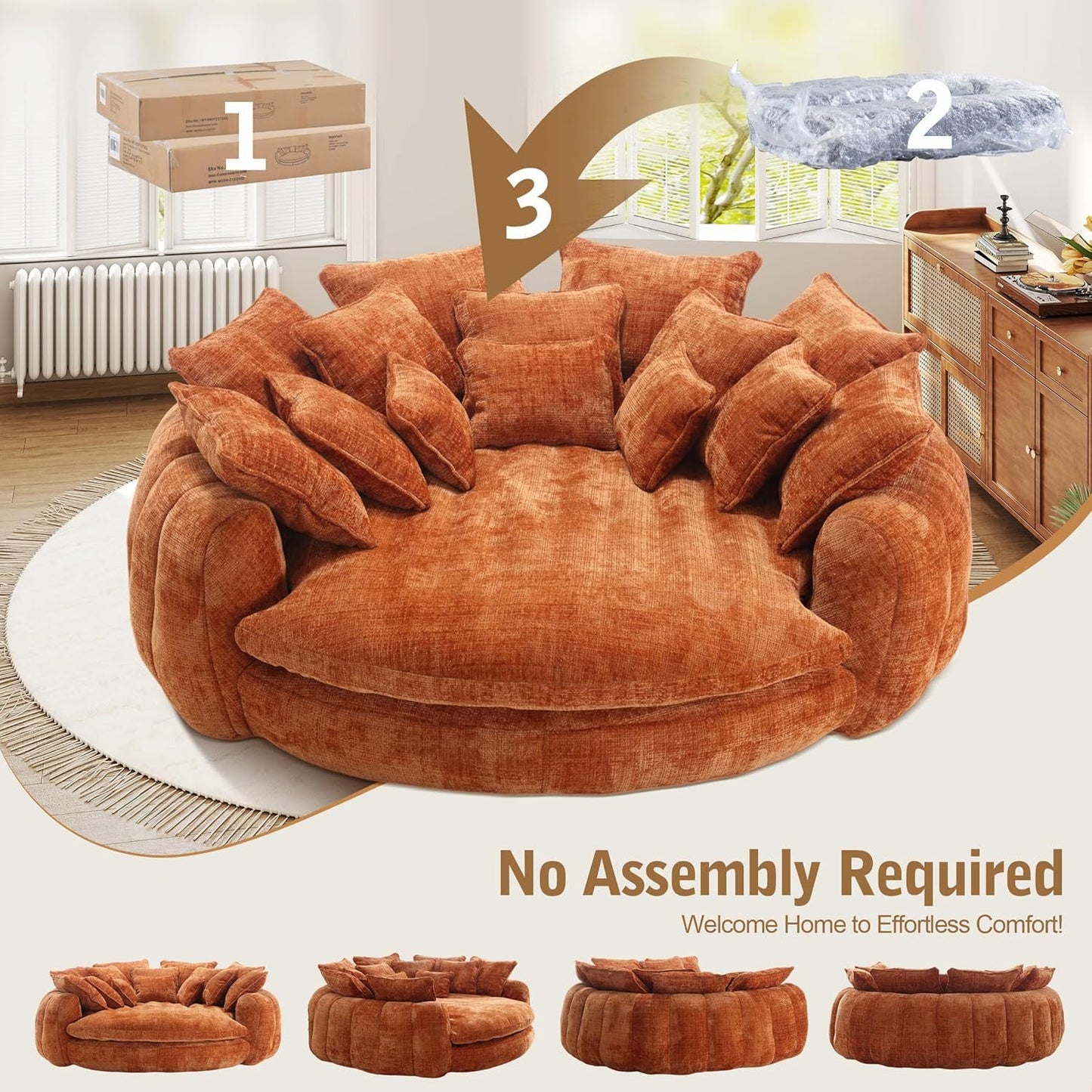 82'' Oversized Upholstered Sofa Bed, Round Chaise Lounge Chair Indoor, Modern Chenille Boneless Couch, No Assembly Required, Plush Sleeper Chair with 14 Pillows for Living Room