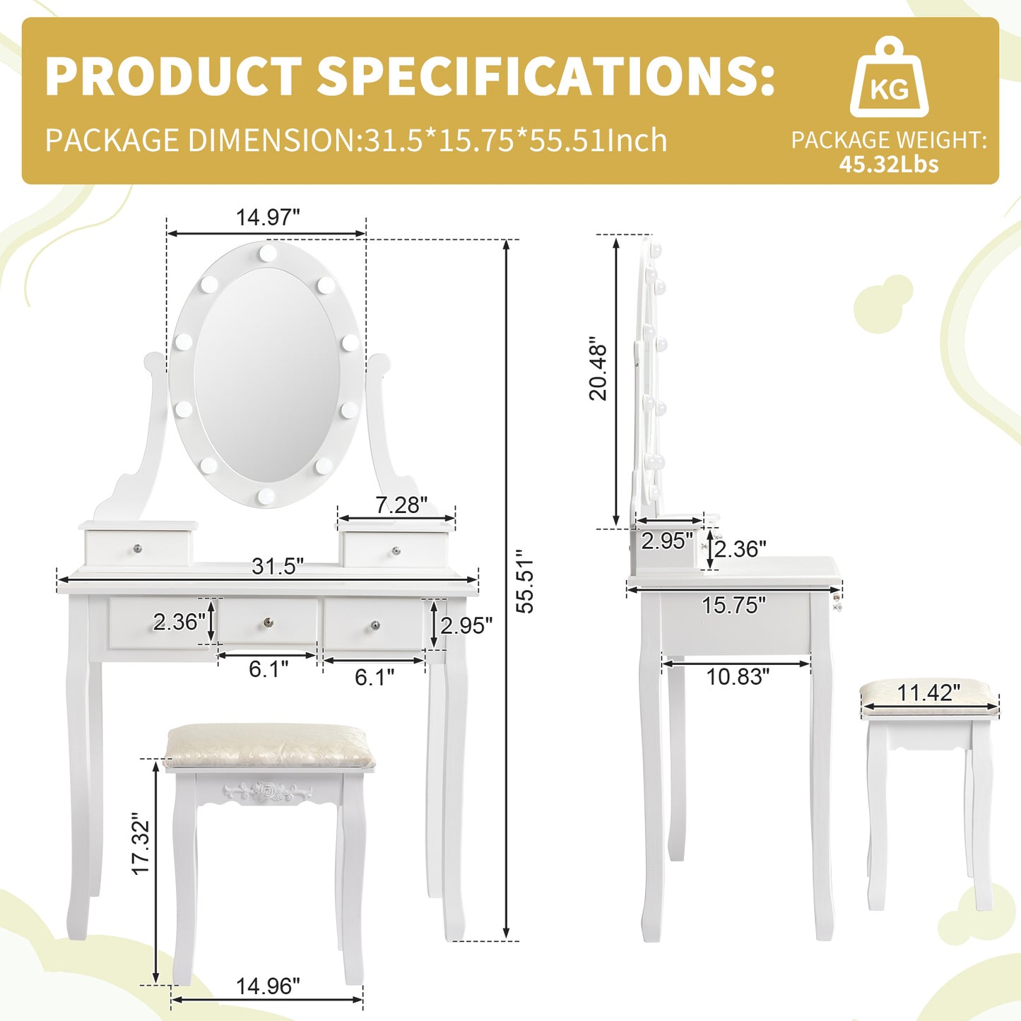 Chic White Vanity Set with 5 Drawers, Cushioned Stool & Storage - European Style Hardwood Dressing Table for Bedroom, Includes Mirror - Perfect Christmas Gift
