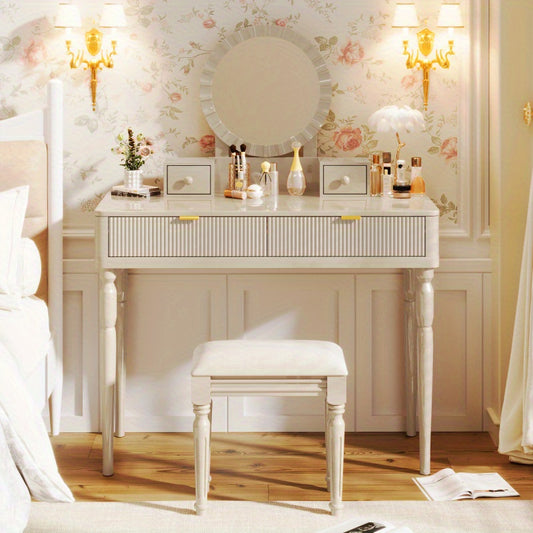 Luxury Vanity Desk with Round Mirror HeightAdjustable Stylish Dring Table Set 4 Drawers and Stool Champagne