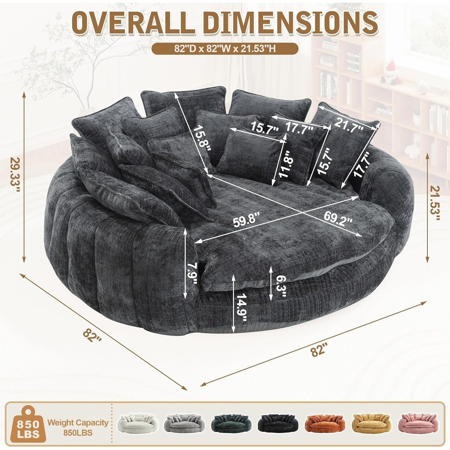 82'' Oversized Upholstered Sofa Bed, Round Chaise Lounge Chair Indoor, Modern Chenille Boneless Couch, No Assembly Required, Plush Sleeper Chair with 14 Pillows for Living Room