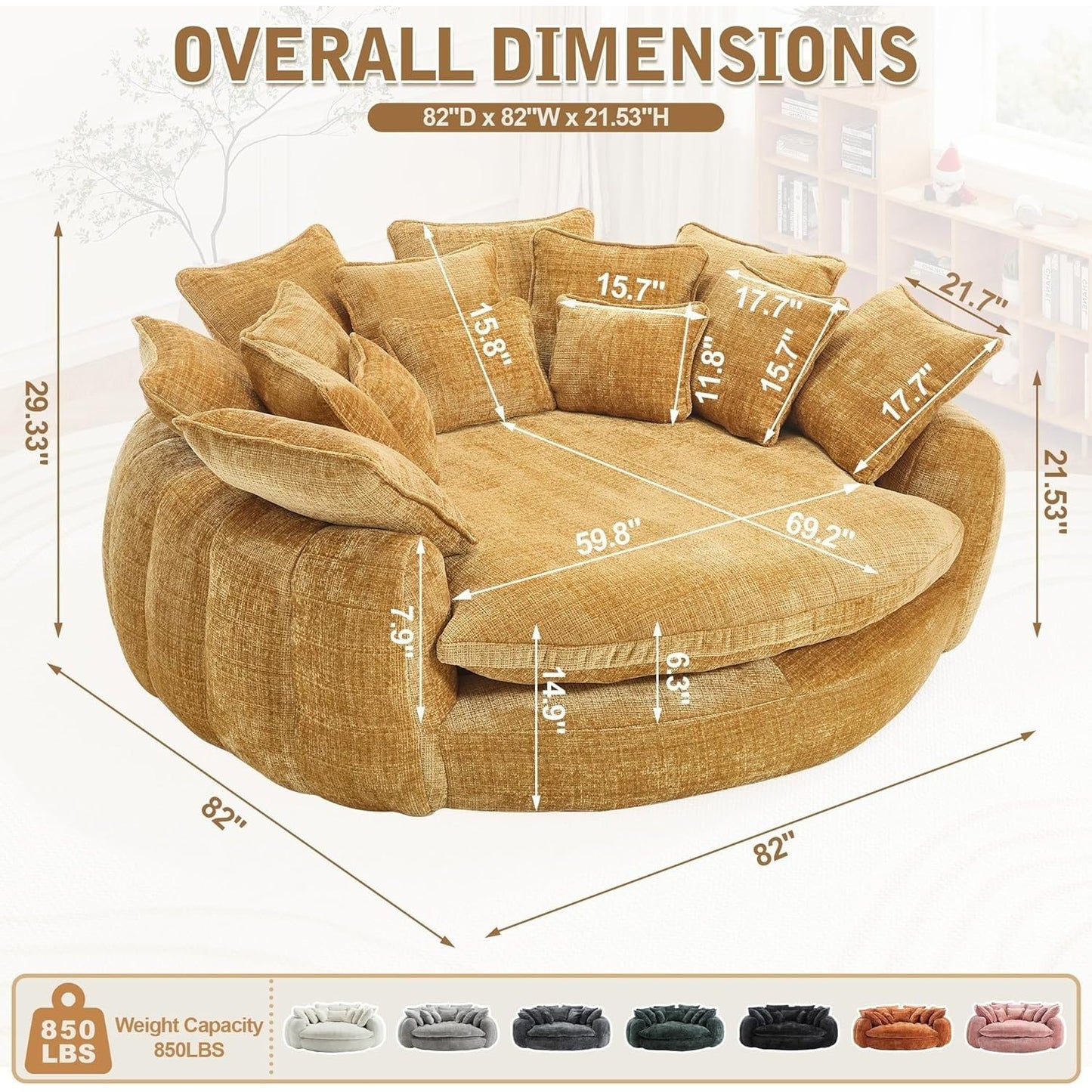 82'' Oversized Upholstered Sofa Bed, Round Chaise Lounge Chair Indoor, Modern Chenille Boneless Couch, No Assembly Required, Plush Sleeper Chair with 14 Pillows for Living Room