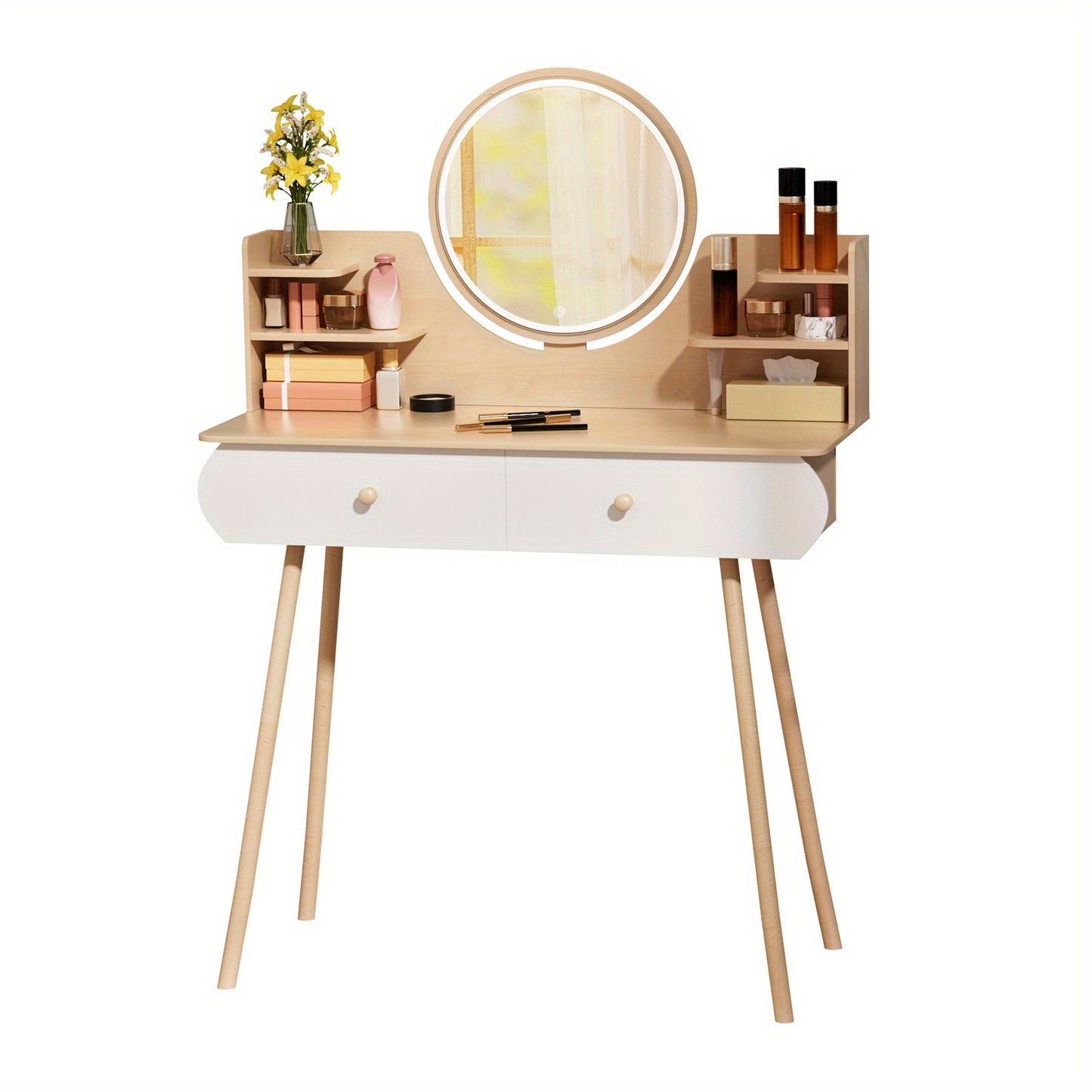 Vanity Table with 2 Drawers and Opening Shelves, Bedroom Dressing Table, Brightness Adjustable