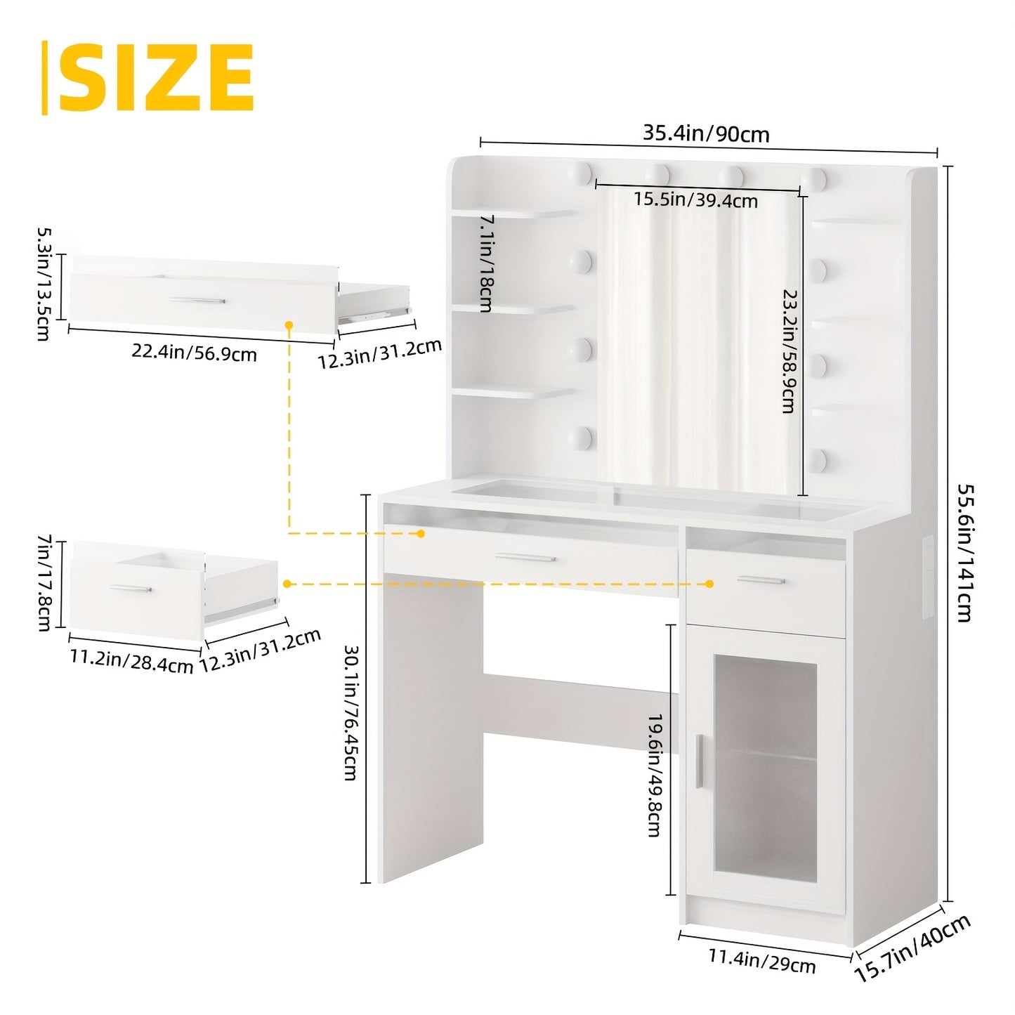SUPERLELE Vanity Desk with Lights, Makeup Vanity with Mirror, Power Strip And 10 Lights, Makeup Table with 2 Drawers, Vanity Mirror 3 Lighting Color Adjustable, Heavy Duty Dresser, White, for Halloween And Christmas