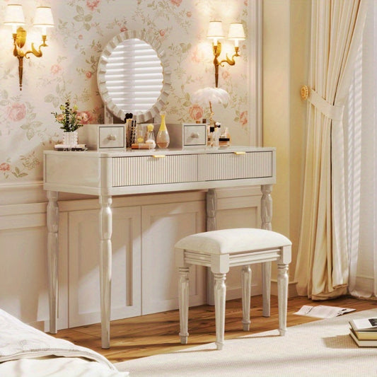 Chic Height-Adjustable Vanity Set with Round Mirror, 4 Spacious Drawers, Champagne Colored Dressing Table with Stool, Perfect for Home, Vanity Area, Beauty Routine