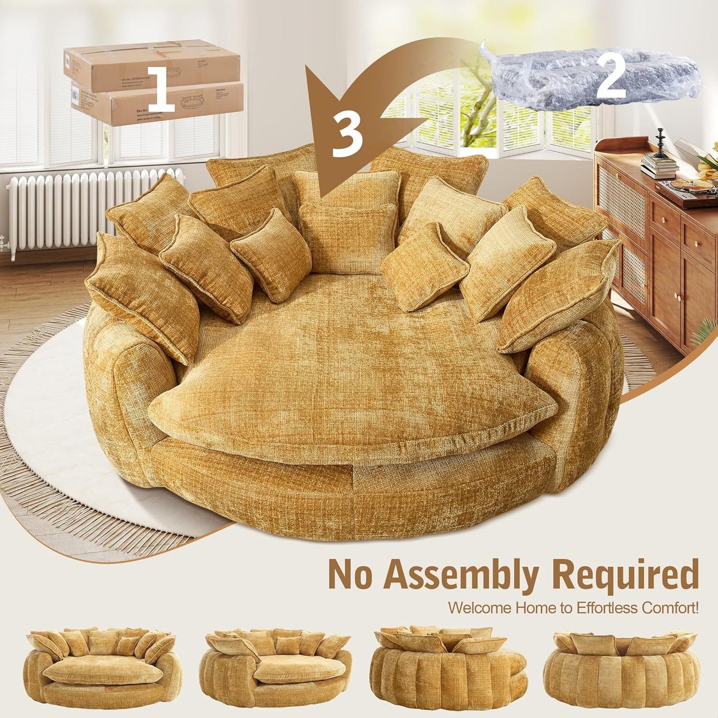 82'' Oversized Upholstered Sofa Bed, Round Chaise Lounge Chair Indoor, Modern Chenille Boneless Couch, No Assembly Required, Plush Sleeper Chair with 14 Pillows for Living Room