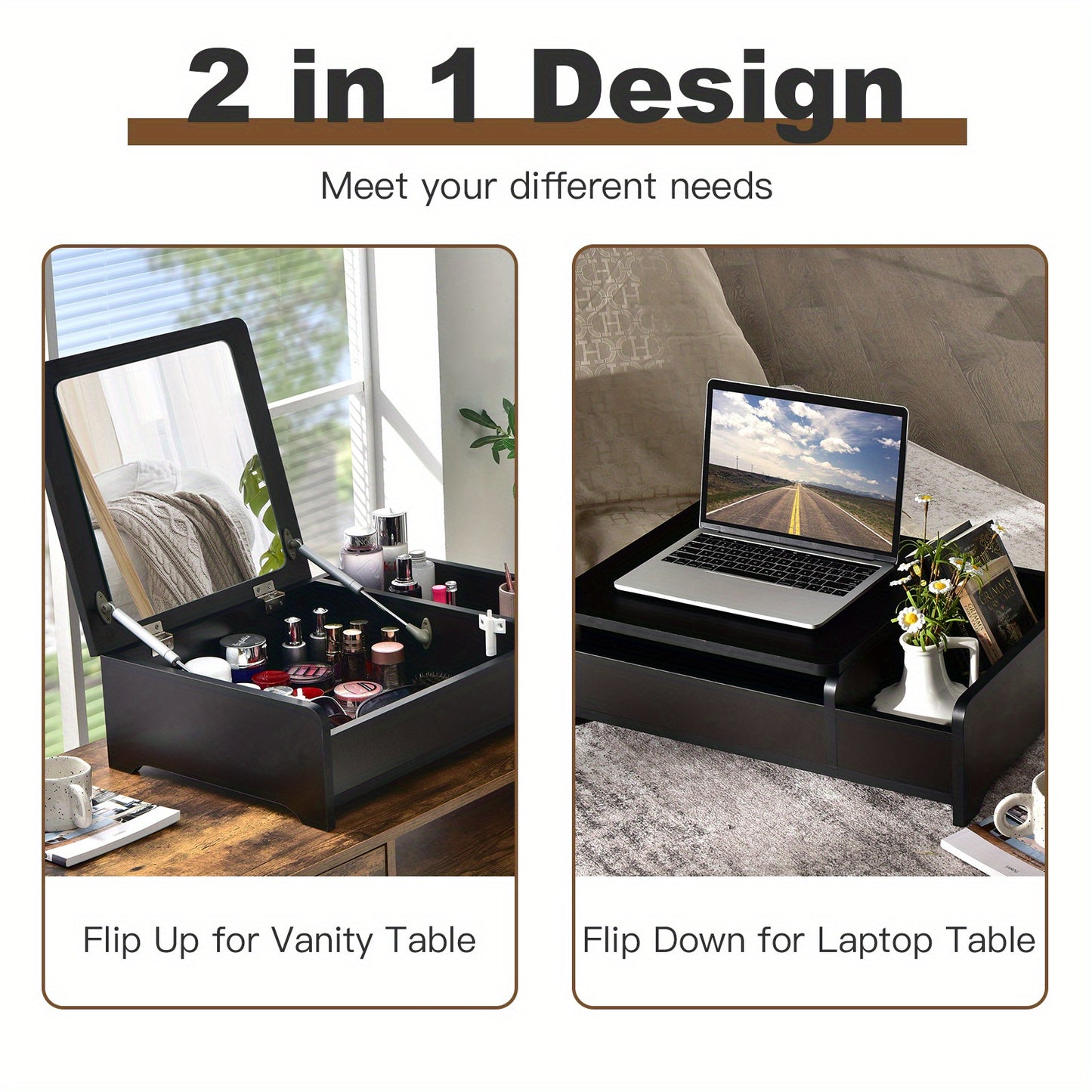 Compact Modern Vanity Dresser with Flip-Top Mirror - Space-Saving Countertop Makeup Table, Laptop Desk & Storage Organizer for Bedroom and Study