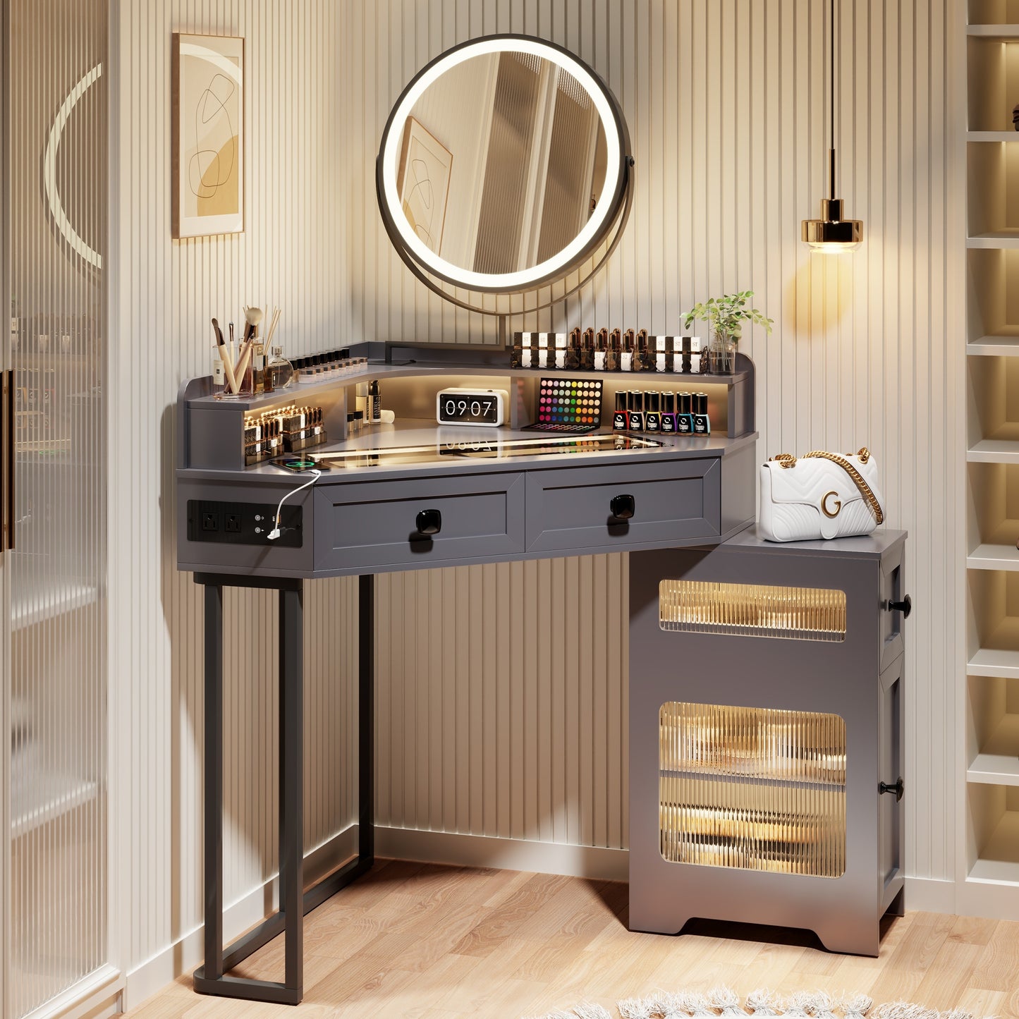 FREDEES Corner Vanity With Mirror And Lights, Modern Makeup Vanity Set With Charging Station For Bedroom\u002FCloakroom, Glass Top Vanity Table With Drawers And Shelves, Grey
