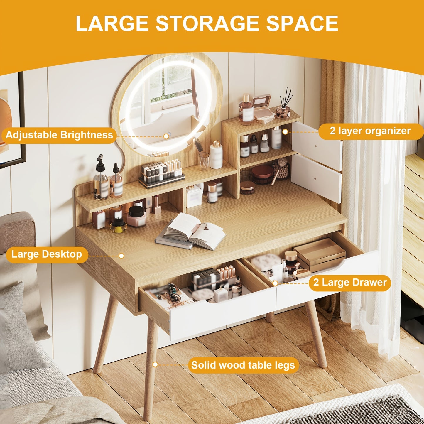 Makeup Vanity Desk With 3 Adjustable Lighted Mirror, Dressing Table Set With 4 Drawers And 3 Open Shelves For Small Space Bedroom
