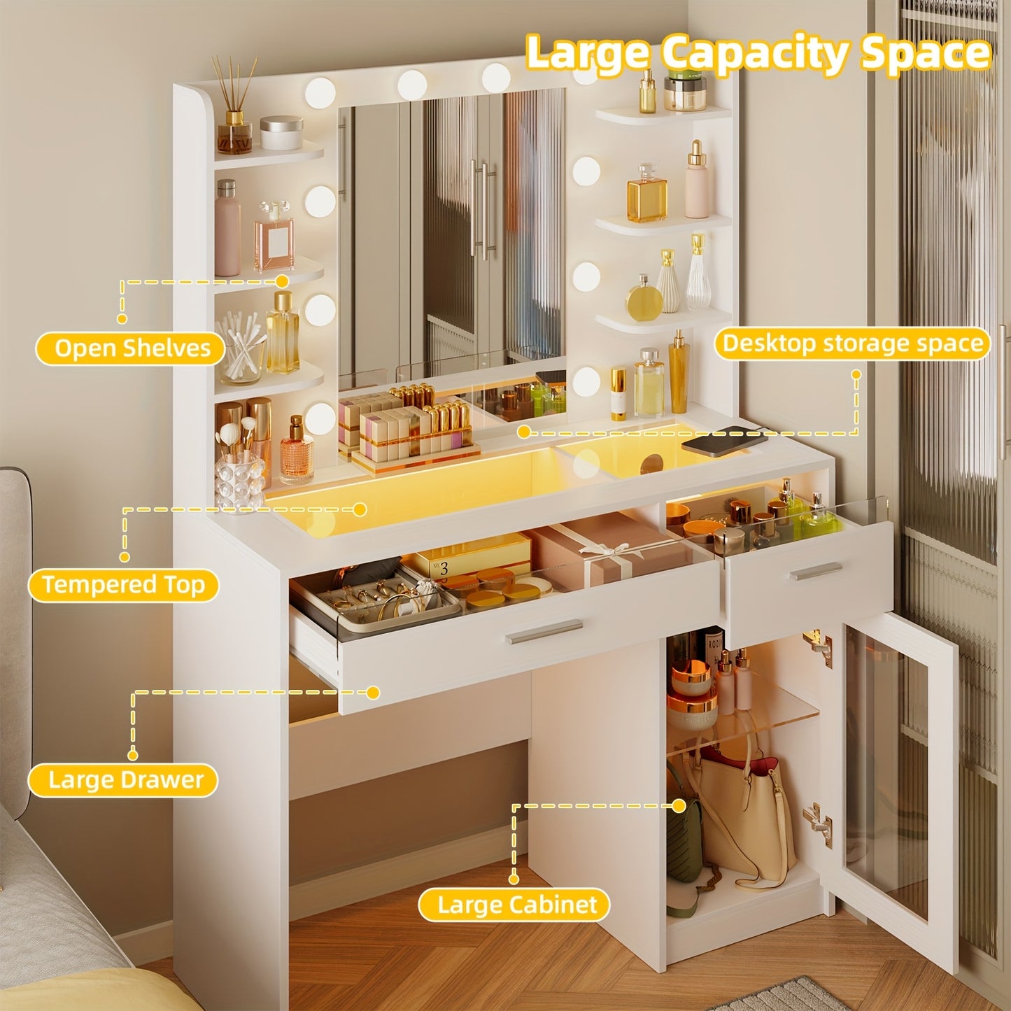 SUPERLELE Vanity Desk with Lights, Makeup Vanity with Mirror, Power Strip And 10 Lights, Makeup Table with 2 Drawers, Vanity Mirror 3 Lighting Color Adjustable, Heavy Duty Dresser, White, for Halloween And Christmas