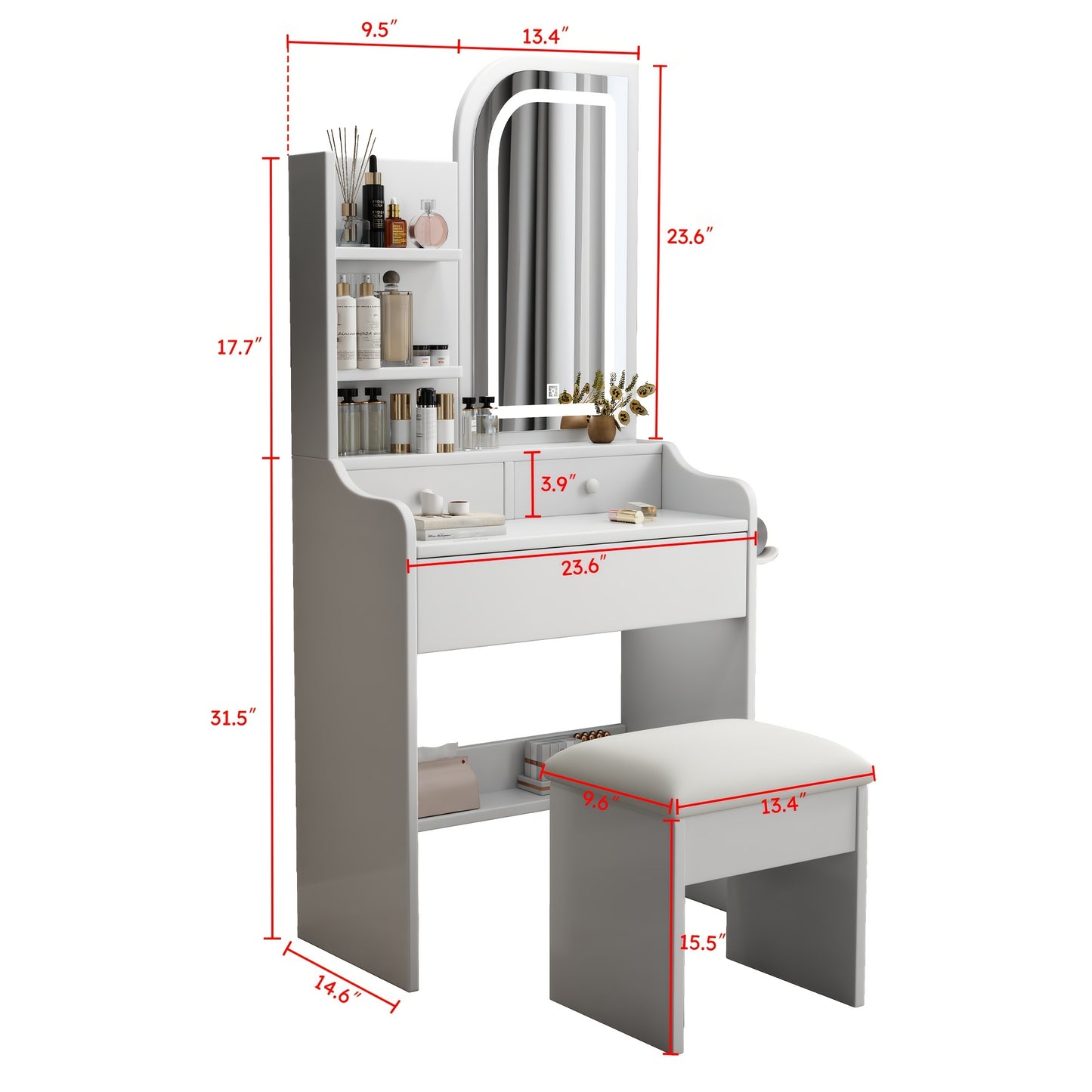 White Dressing Table with Sliding Mirror & Stool 4 Drawers Home High-End Bedroom Dressing Cabinet Integrated Small Apartment