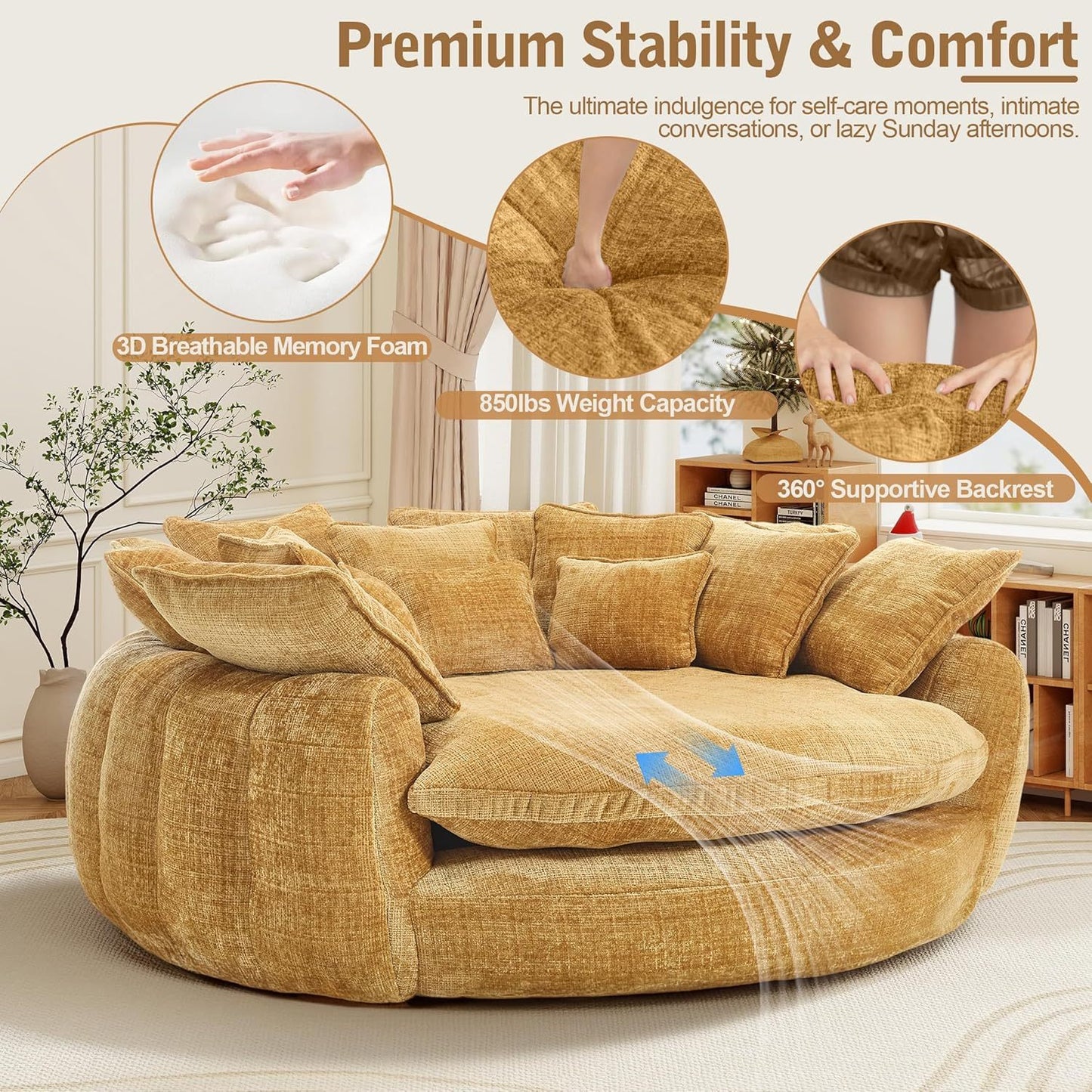 82'' Oversized Upholstered Sofa Bed, Round Chaise Lounge Chair Indoor, Modern Chenille Boneless Couch, No Assembly Required, Plush Sleeper Chair with 14 Pillows for Living Room