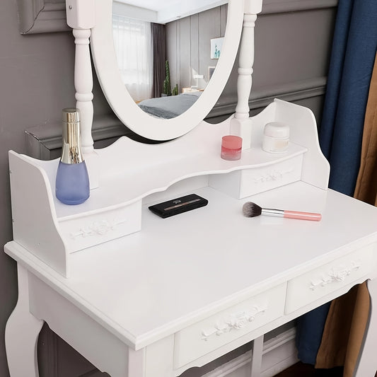 Elegance White Makeup Desk 4-Drawer White Wood Vanity Table and Stool Set - Modern Elegance Makeup Desk with Mirror
