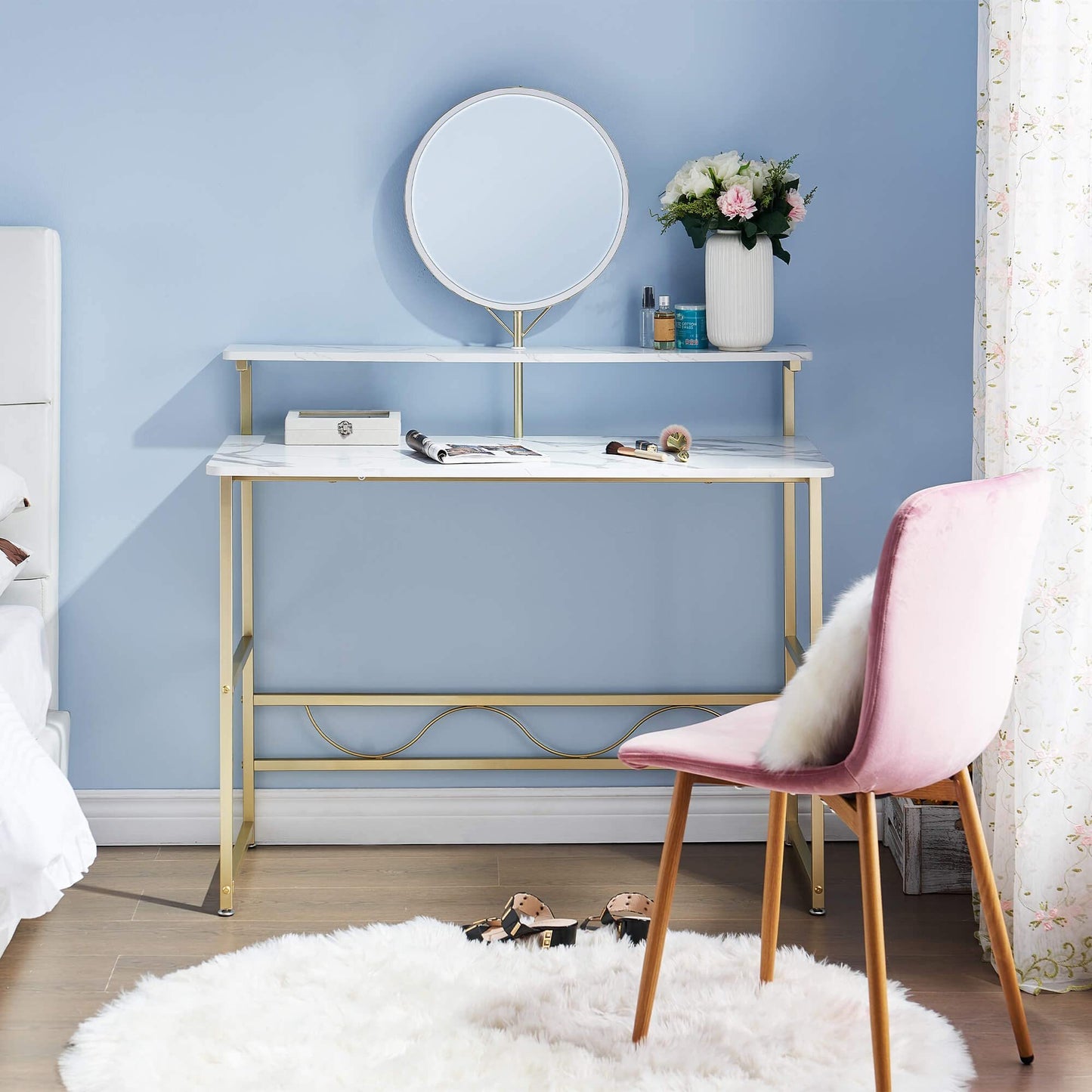 MCombo Vanity Desk with Mirror, White Makeup Vanity Desk with 2 Open Storage Shelves for Bedroom, Living Room