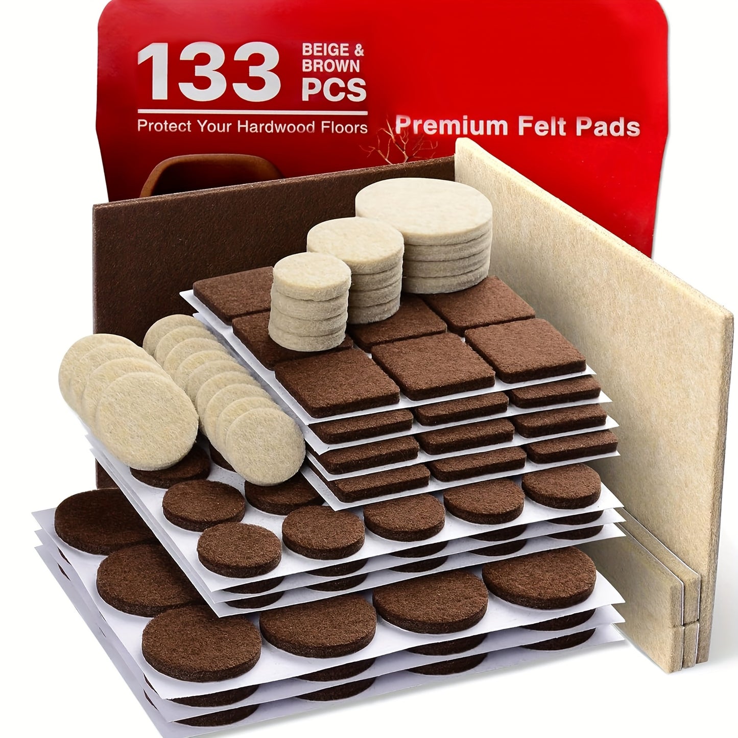 133pcs Premium Felt Furniture Pads - Non-Slip Floor Protectors for Hardwood & Laminate, Brown & Beige, Stackable Design, Durable Furniture Leg Pads for Scratch Prevention, Versatile Floor Pads, Soft Cushioning, Minimalist Design, Sturdy Construction, Furn
