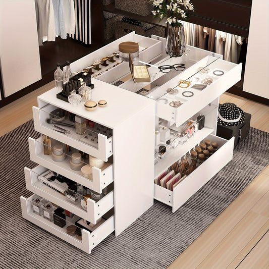 Spacious White Dressing Island with Glass-Top Closet Organizer - Modern Design, Ample Storage, Perfect for Bedroom or Closet Decor, 47.2\