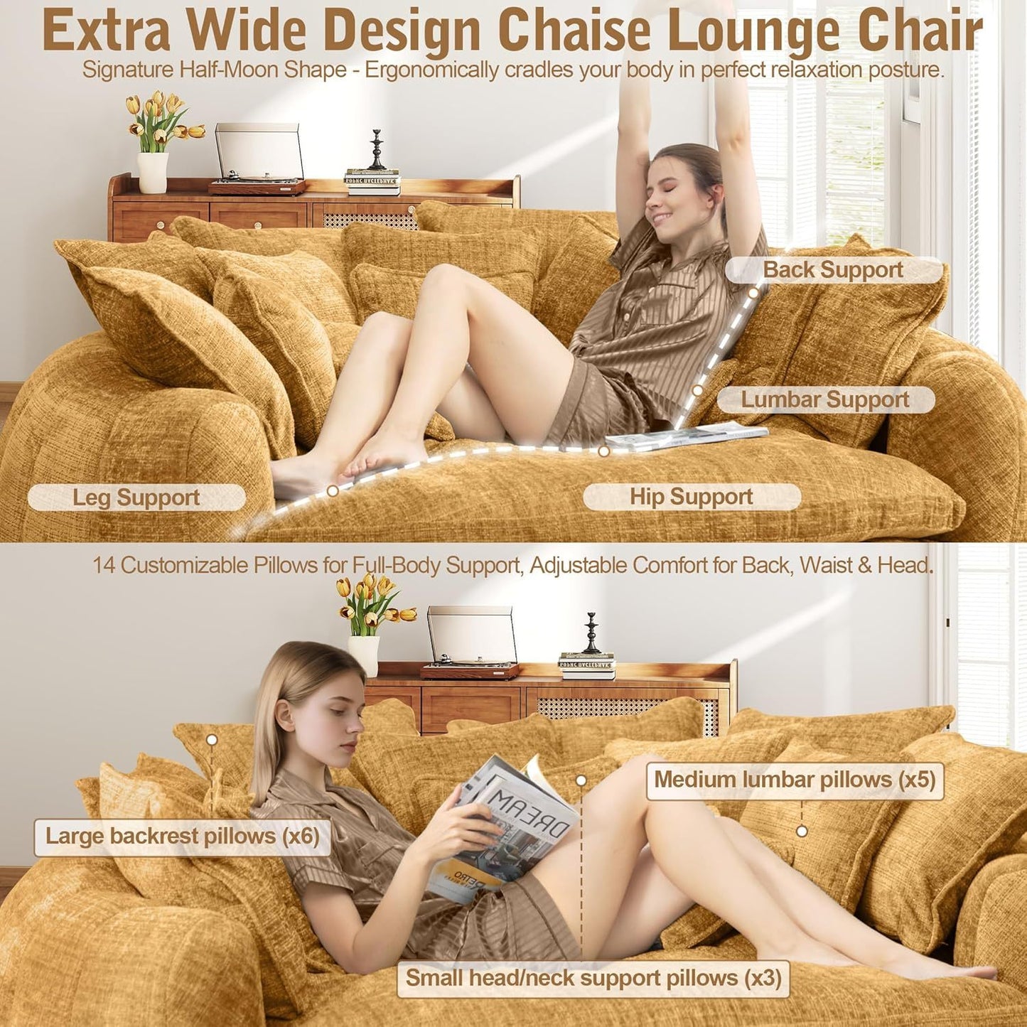 82'' Oversized Upholstered Sofa Bed, Round Chaise Lounge Chair Indoor, Modern Chenille Boneless Couch, No Assembly Required, Plush Sleeper Chair with 14 Pillows for Living Room