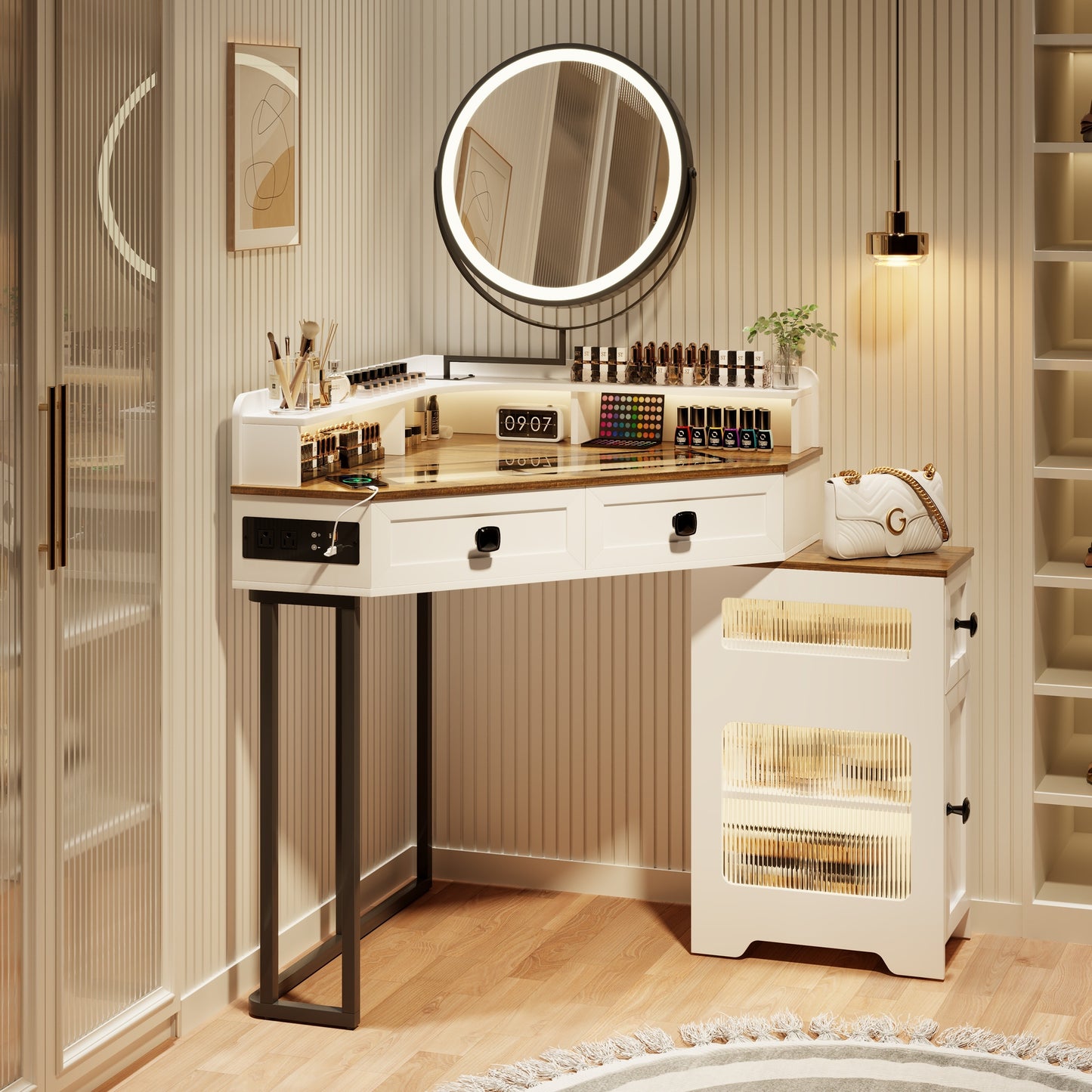 FREDEES Corner Vanity With Mirror And Lights, Modern Makeup Vanity Set With Charging Station For Bedroom\u002FCloakroom, Glass Top Vanity Table With Drawers And Shelves, Grey
