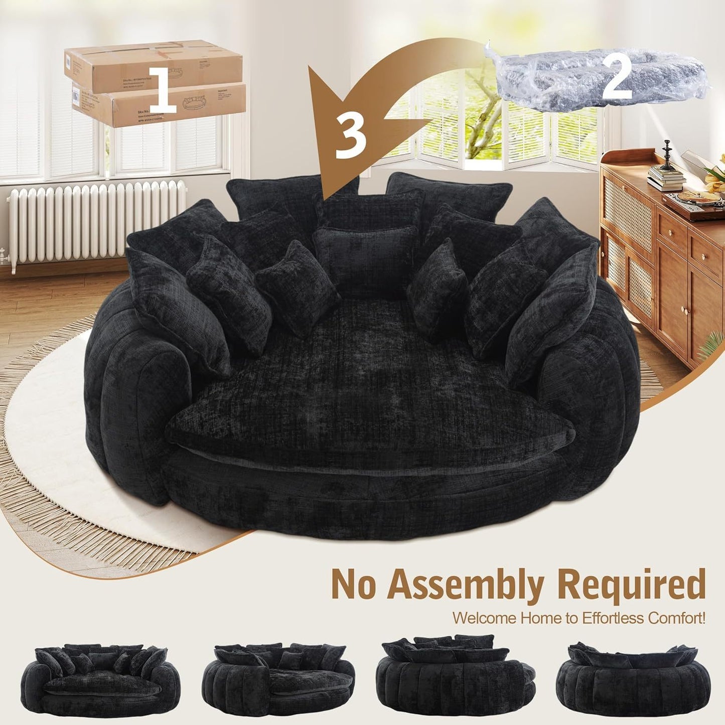 82'' Oversized Upholstered Sofa Bed, Round Chaise Lounge Chair Indoor, Modern Chenille Boneless Couch, No Assembly Required, Plush Sleeper Chair with 14 Pillows for Living Room