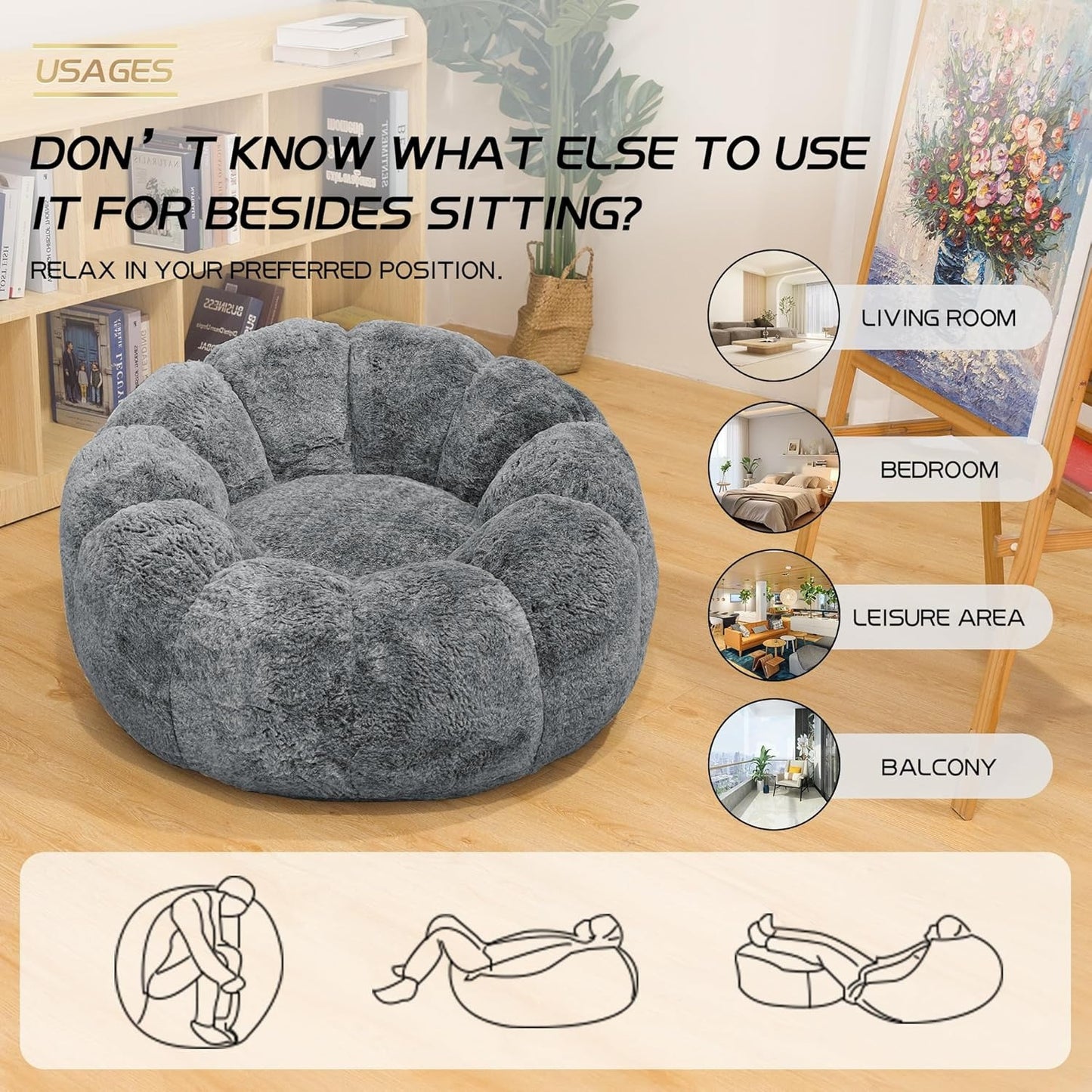 Bean Bag Chair, Faux Fur Bean Bag Chairs with Filler, Comfy Cozy Bean Bag Chair with Low Back Support and Petal Armrest, Fluffy Bean Bag Chair with Structure Petal for Small Space, Bedroom, Living Room