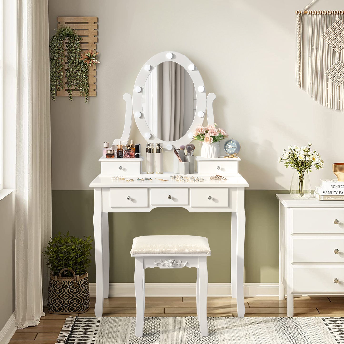 Chic White Vanity Set with 5 Drawers, Cushioned Stool & Storage - European Style Hardwood Dressing Table for Bedroom, Includes Mirror - Perfect Christmas Gift