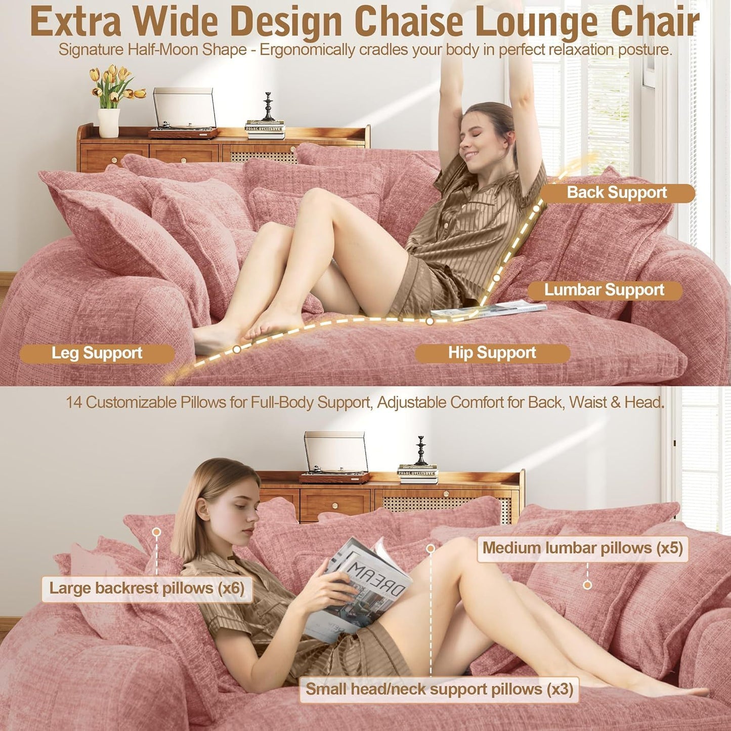 82'' Oversized Upholstered Sofa Bed, Round Chaise Lounge Chair Indoor, Modern Chenille Boneless Couch, No Assembly Required, Plush Sleeper Chair with 14 Pillows for Living Room
