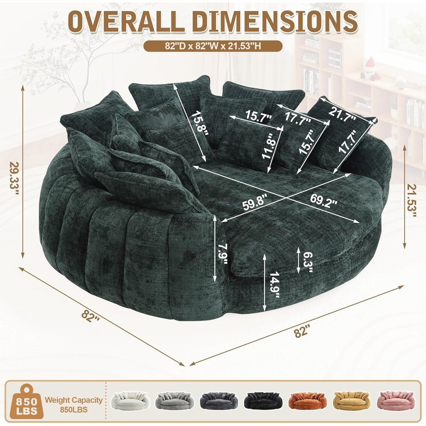 82'' Oversized Upholstered Sofa Bed, Round Chaise Lounge Chair Indoor, Modern Chenille Boneless Couch, No Assembly Required, Plush Sleeper Chair with 14 Pillows for Living Room