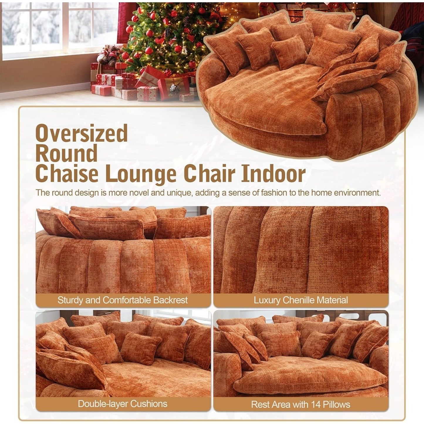 82'' Oversized Upholstered Sofa Bed, Round Chaise Lounge Chair Indoor, Modern Chenille Boneless Couch, No Assembly Required, Plush Sleeper Chair with 14 Pillows for Living Room