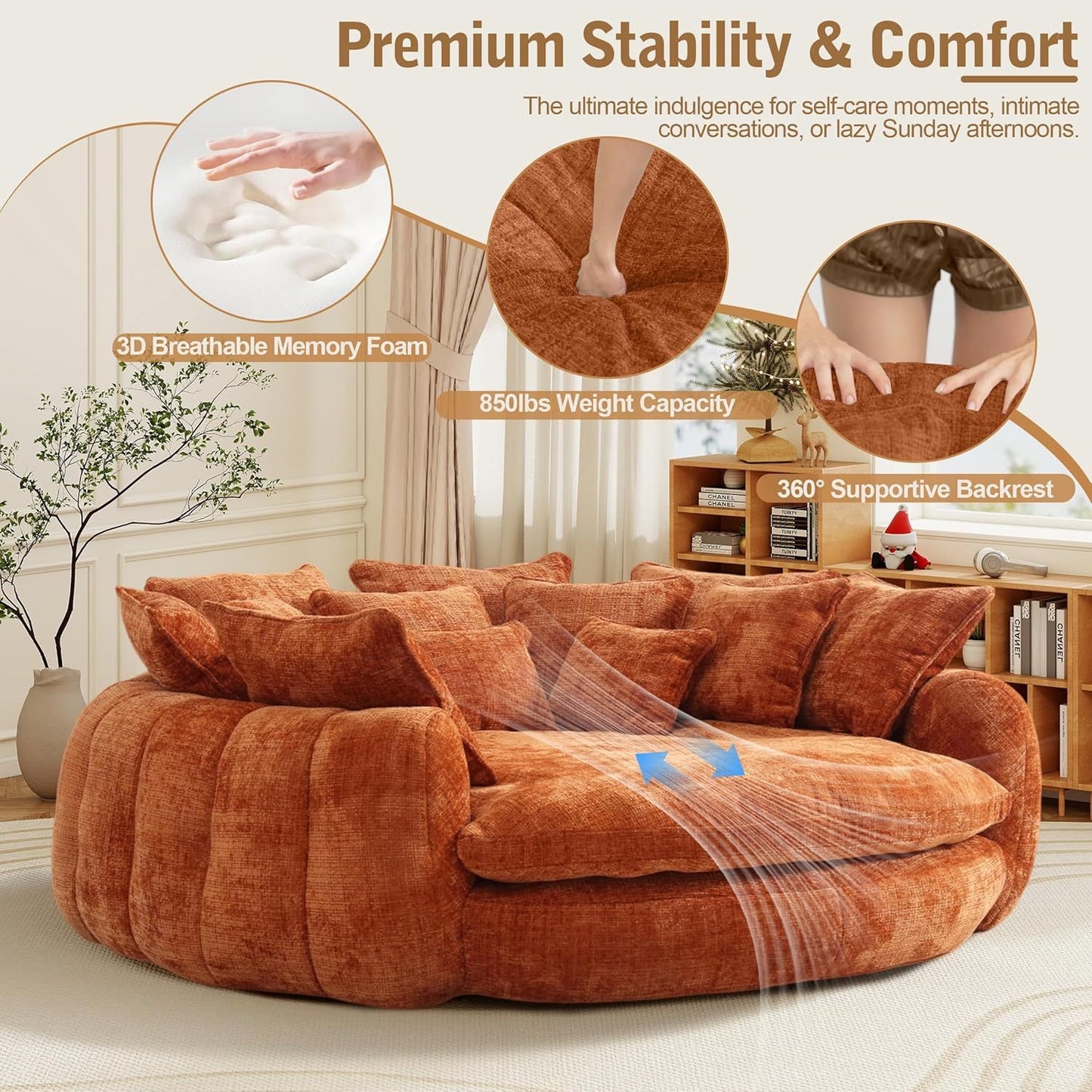 82'' Oversized Upholstered Sofa Bed, Round Chaise Lounge Chair Indoor, Modern Chenille Boneless Couch, No Assembly Required, Plush Sleeper Chair with 14 Pillows for Living Room
