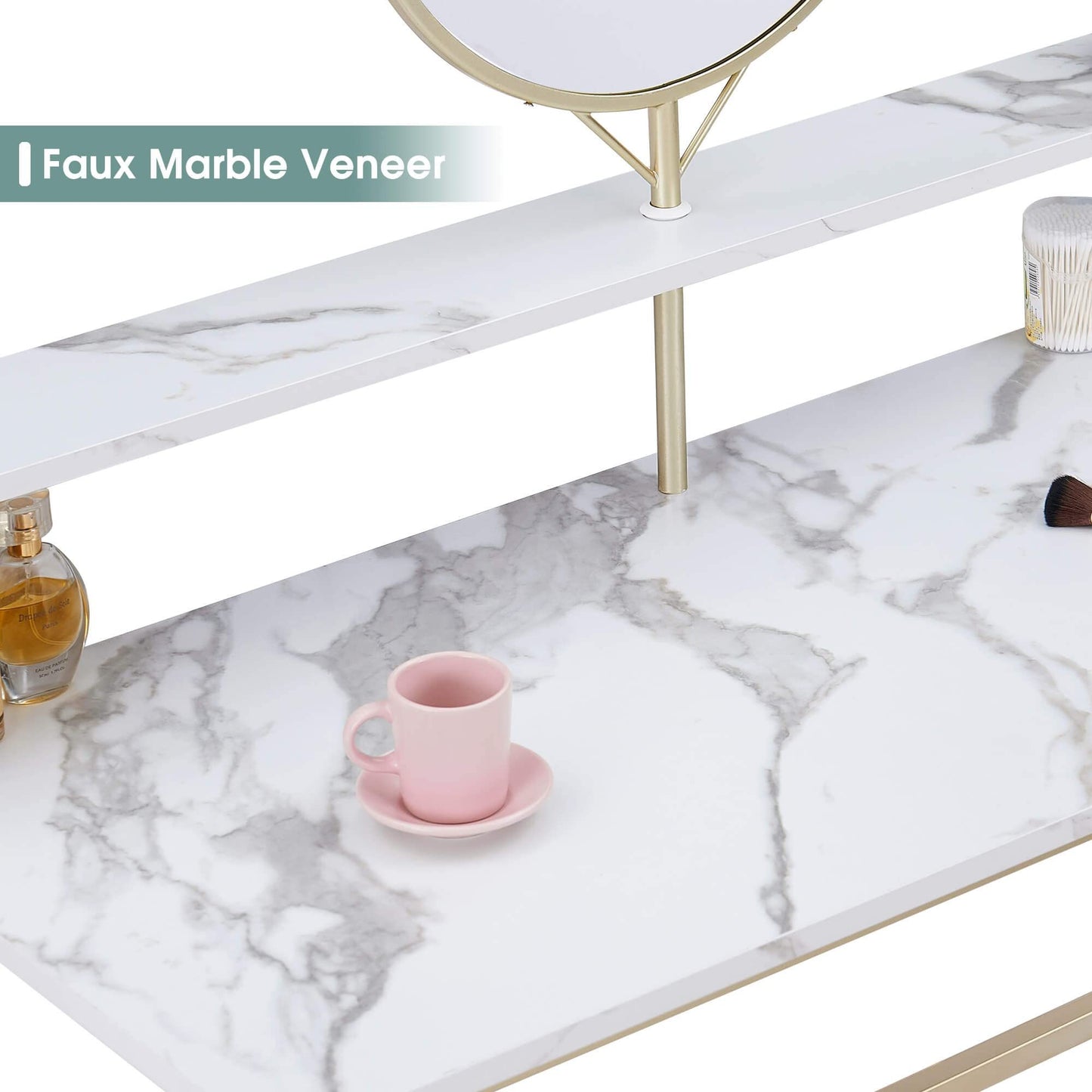 MCombo Vanity Desk with Mirror, White Makeup Vanity Desk with 2 Open Storage Shelves for Bedroom, Living Room
