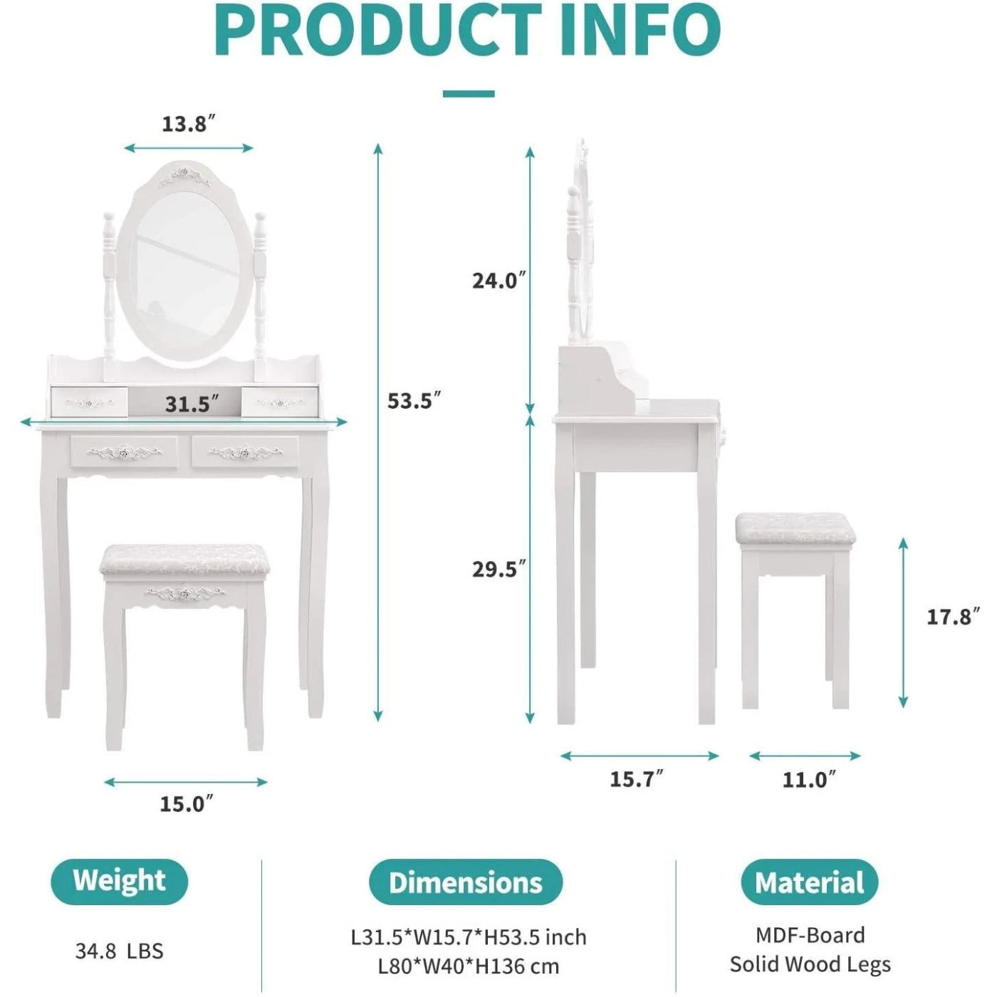 Modern Computer desk with Mirror, Vanity Table Elegance White Dressing Table and Stool Set Wood Makeup Desk with 4 Drawers & Mirror