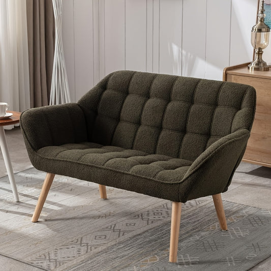 1pc Guyou Small Loveseat for Bedroom 2-Seat Mini Sofa Couch with Wingback and Wood Legs for Living Room Apartment Small Space Fluffy Love Seat, White Sherpa