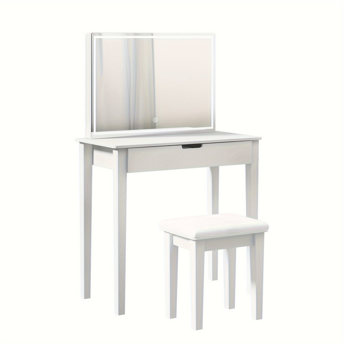 1pc Contemporary White Wooden Vanity Desk Set with Dimmable LED Mirror, 1 Drawer Storage, and Stool - Freestanding Makeup Dressing Table for Bedroom, US Plug, 110V-240V