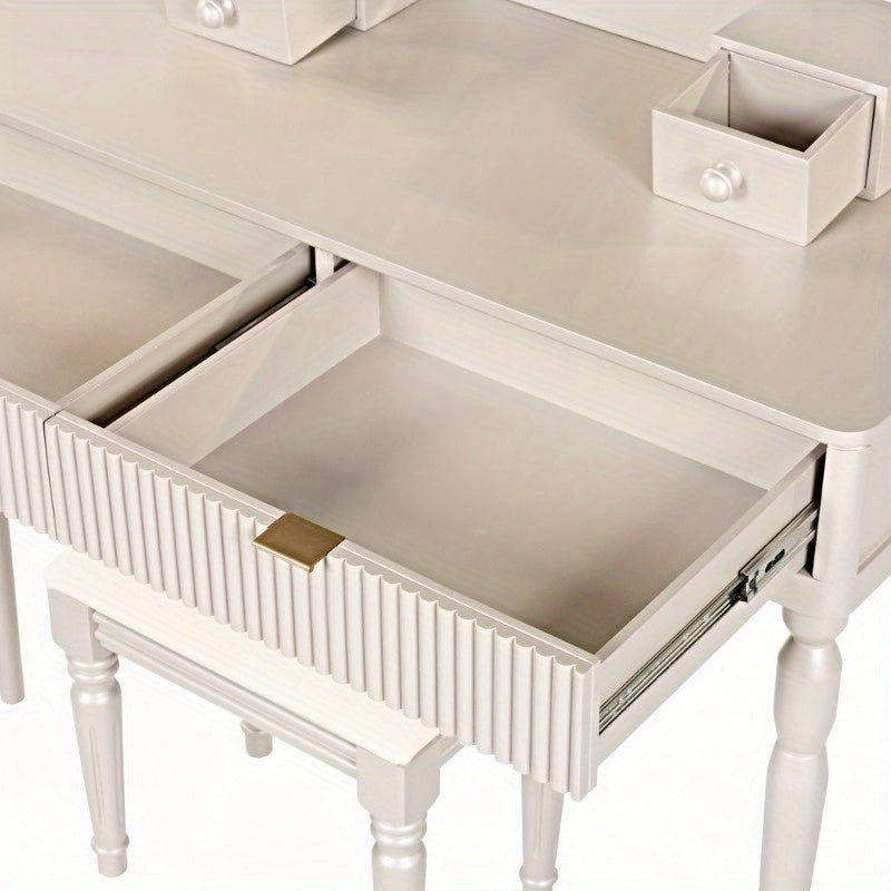 Chic Height-Adjustable Vanity Set with Round Mirror, 4 Spacious Drawers, Champagne Colored Dressing Table with Stool, Perfect for Home, Vanity Area, Beauty Routine