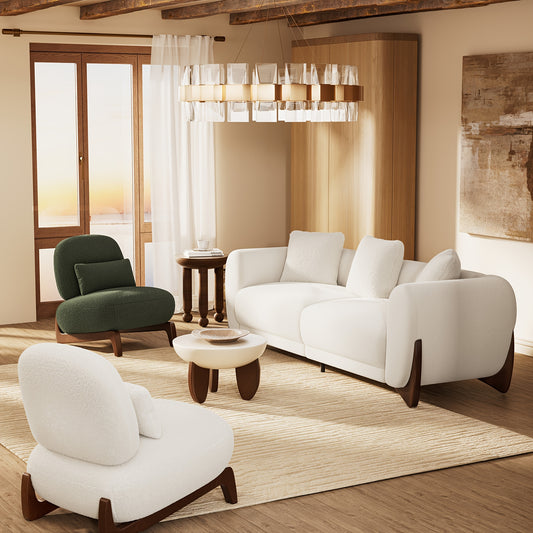 Morden Fort 3pcs Cloud Couch Set, Modern Boucle Sofa Set with Crescent Wood Legs, Light Beige-Friendly Minimalist Upholyster Comfy Couch Sofa for Living Room, 3-Seater And 2 Chairs, Off White\u002FGreen\u002FMix