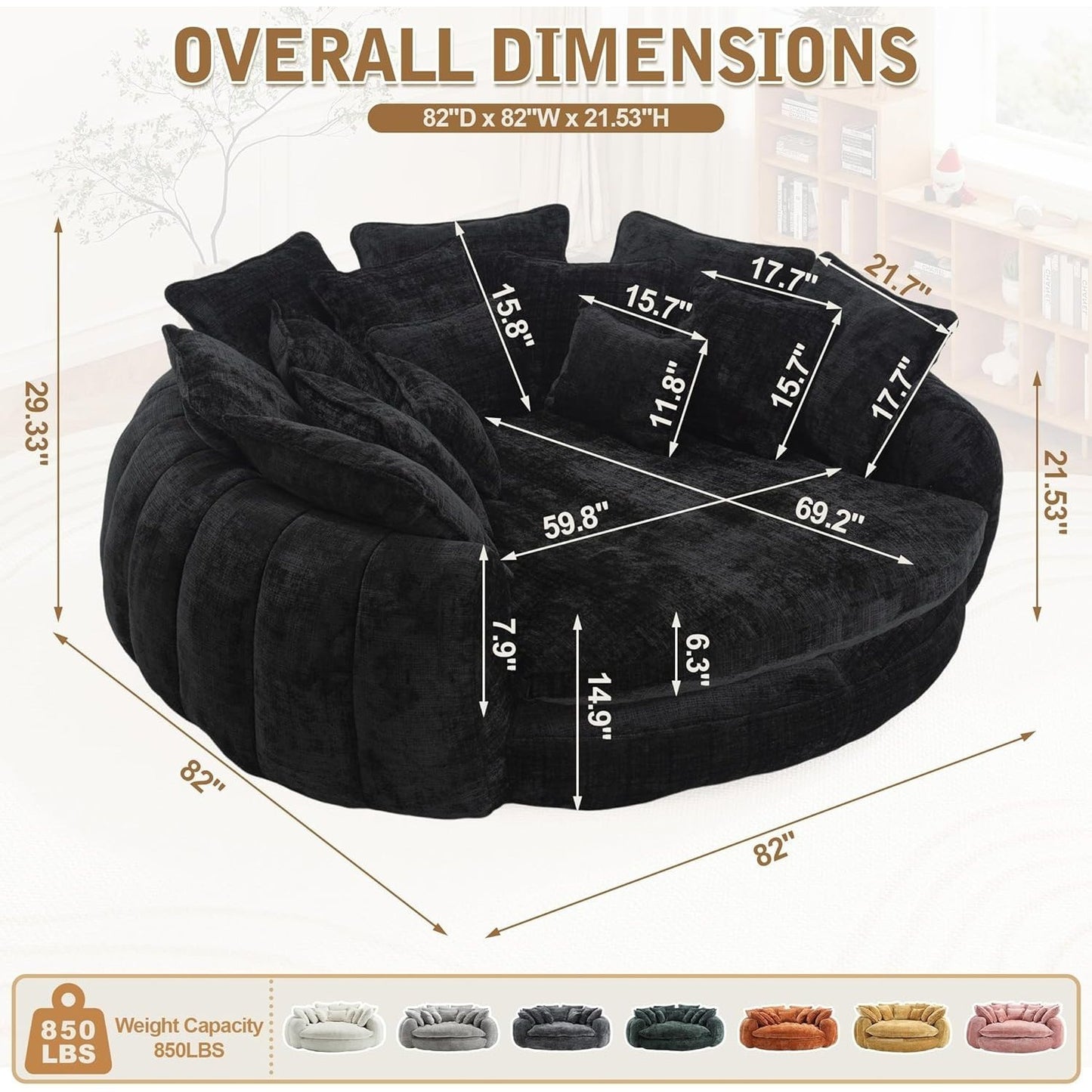 82'' Oversized Upholstered Sofa Bed, Round Chaise Lounge Chair Indoor, Modern Chenille Boneless Couch, No Assembly Required, Plush Sleeper Chair with 14 Pillows for Living Room