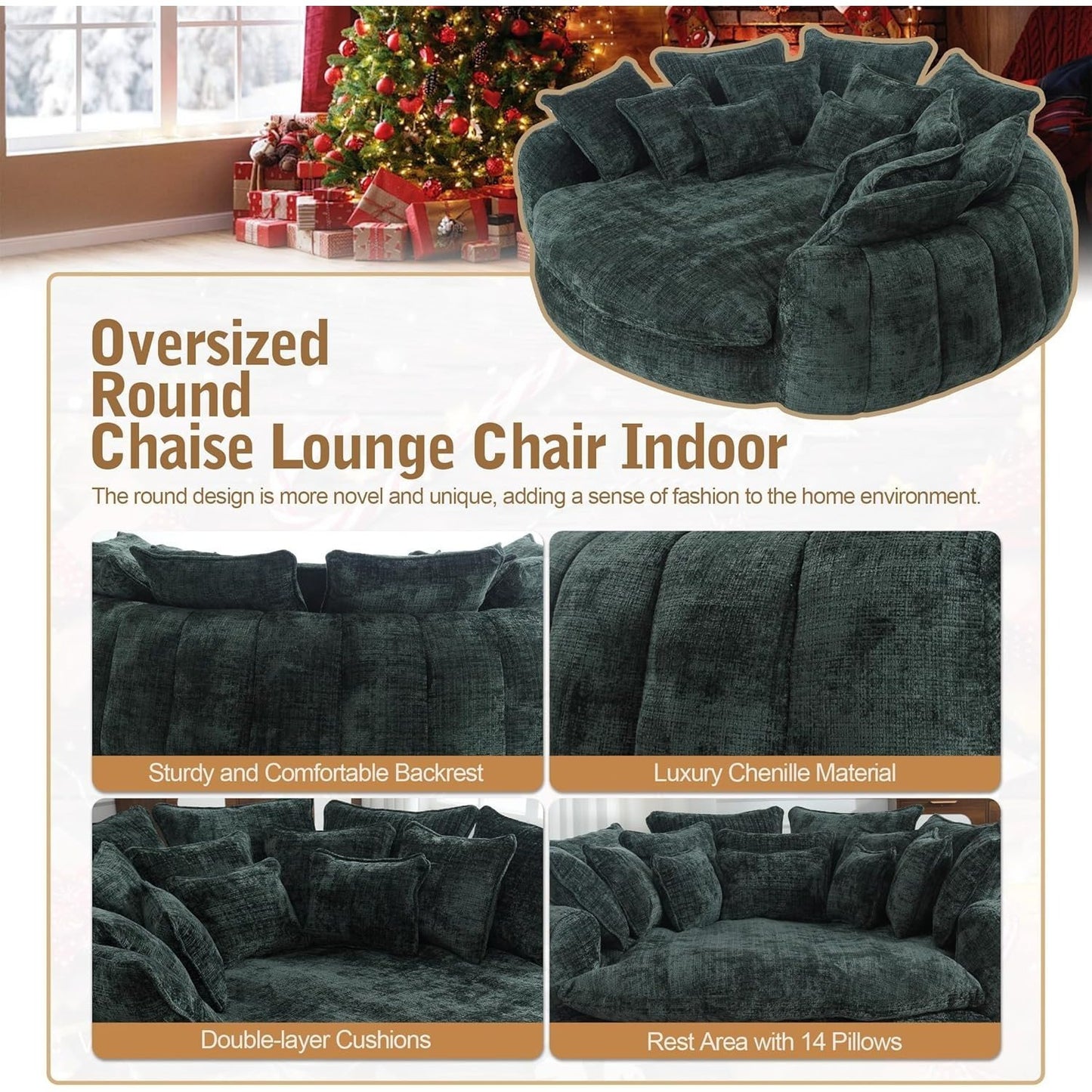 82'' Oversized Upholstered Sofa Bed, Round Chaise Lounge Chair Indoor, Modern Chenille Boneless Couch, No Assembly Required, Plush Sleeper Chair with 14 Pillows for Living Room