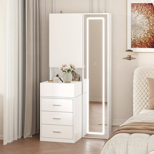 Modern Dressing Table With Drawers And Storage Shelves, Bedroom Makeup Vanity Set With Illuminated Full Body Mirror And Sliding Storage Compartment, Large Storage Space, Fashionable Design, White