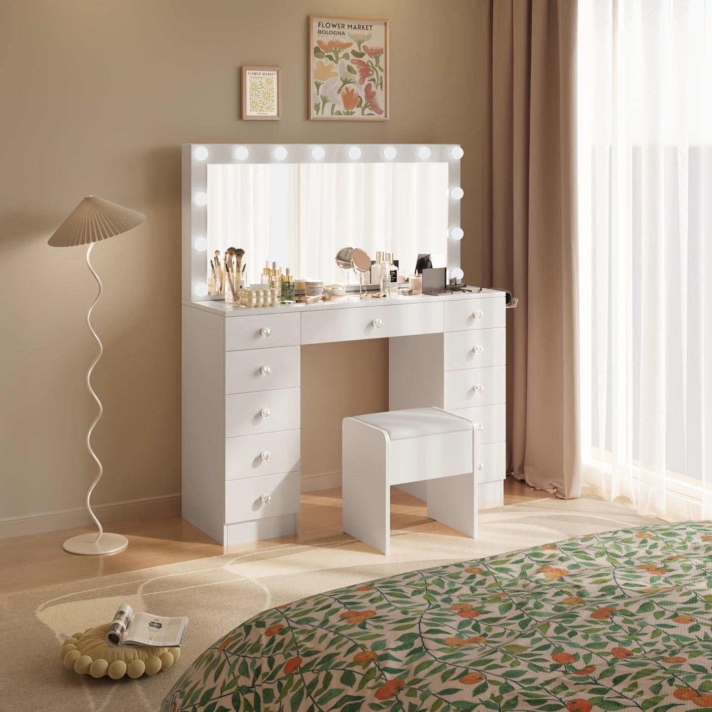 Makeup Vanity Set with Large Illuminated Mirror, 11 Drawer Vanity Desk with Glass Countertop for Bedroom, 3 Light Modes, White