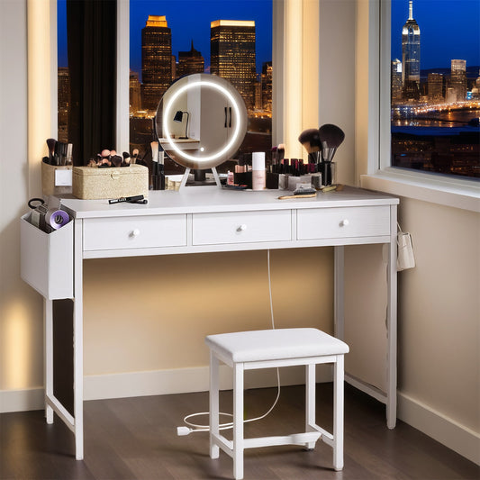 40-inch White Dresser with Chair and Three Fabric Drawers with Outlets with Mirror and Lighting, Touch Screen Lighting, Three Color Lighting Modes, Adjustable Brightness, for Bedroom Dresser, Bathroom Dresser, Upscale Bedroom Dresser