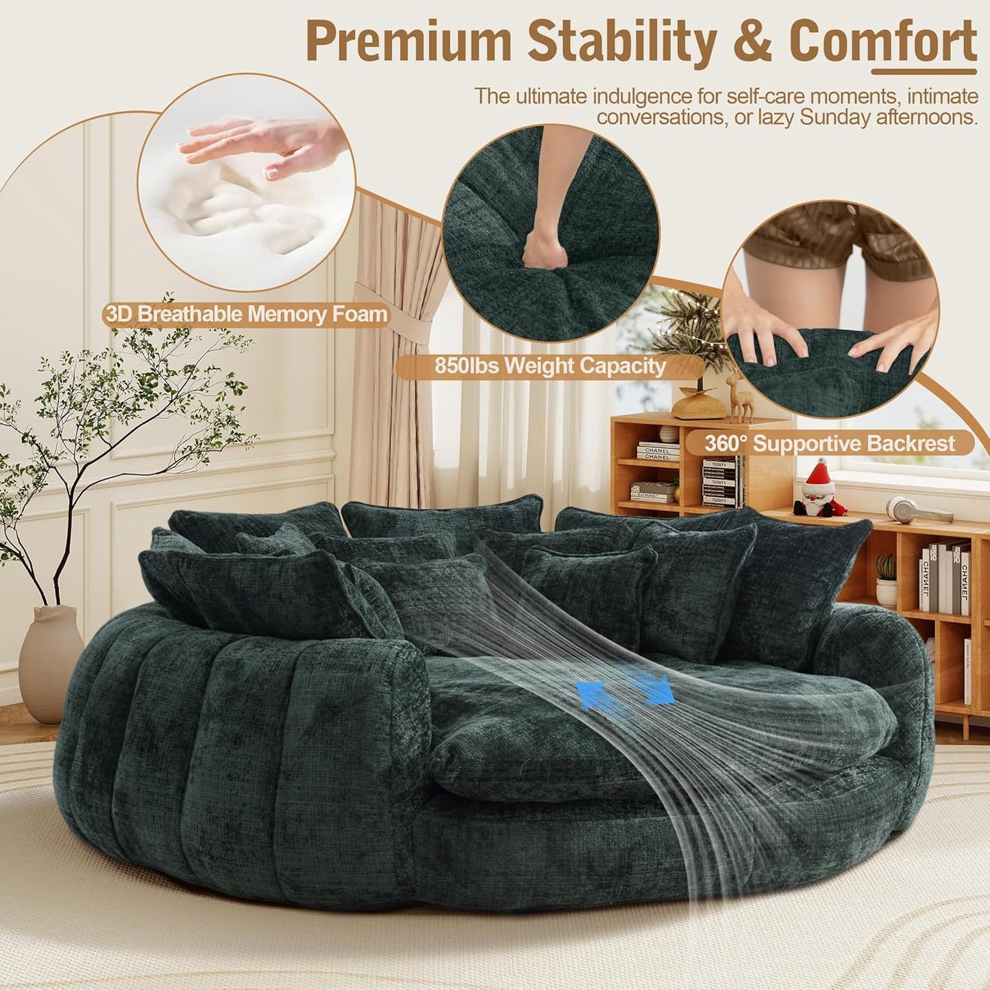 82'' Oversized Upholstered Sofa Bed, Round Chaise Lounge Chair Indoor, Modern Chenille Boneless Couch, No Assembly Required, Plush Sleeper Chair with 14 Pillows for Living Room