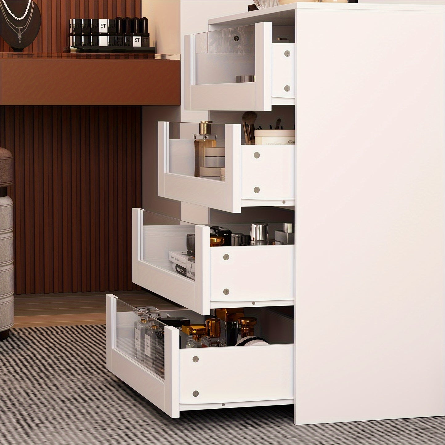 Spacious White Dressing Island with Glass-Top Closet Organizer - Modern Design, Ample Storage, Perfect for Bedroom or Closet Decor, 47.2\
