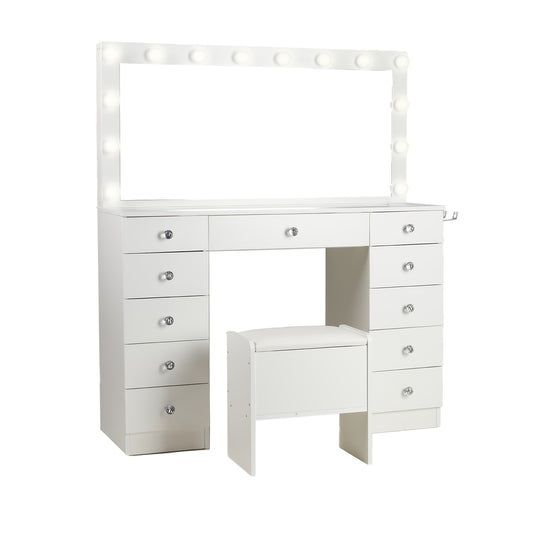 Makeup Vanity Set with Large Illuminated Mirror, 11 Drawer Vanity Desk with Glass Countertop for Bedroom, 3 Light Modes, White