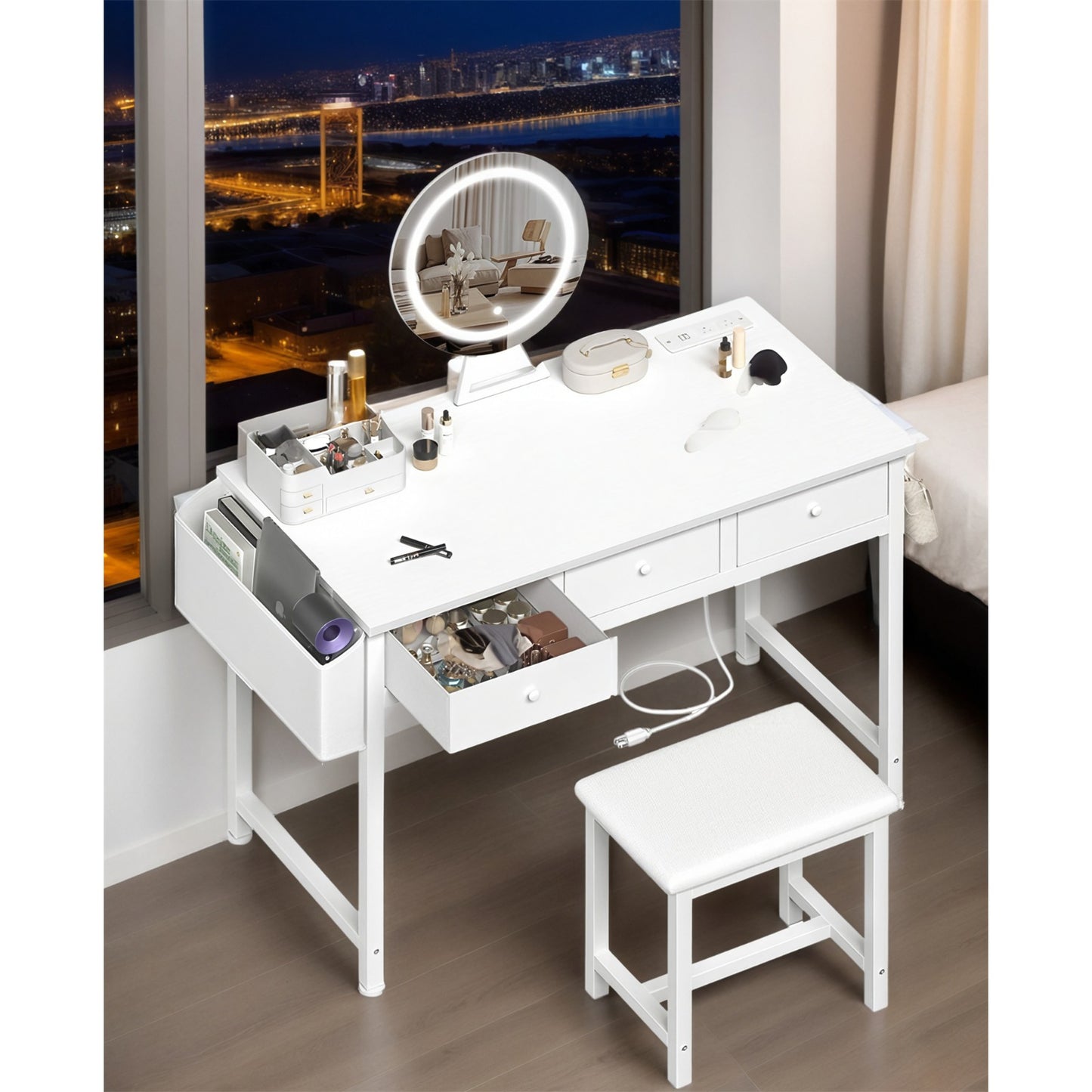40-inch White Dresser with Chair and Three Fabric Drawers with Outlets with Mirror and Lighting, Touch Screen Lighting, Three Color Lighting Modes, Adjustable Brightness, for Bedroom Dresser, Bathroom Dresser, Upscale Bedroom Dresser