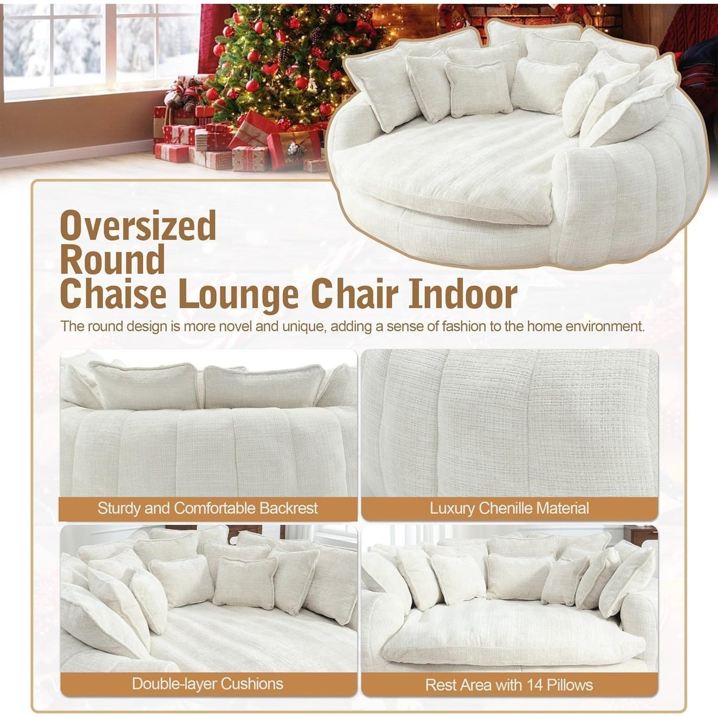82'' Oversized Upholstered Sofa Bed, Round Chaise Lounge Chair Indoor, Modern Chenille Boneless Couch, No Assembly Required, Plush Sleeper Chair with 14 Pillows for Living Room