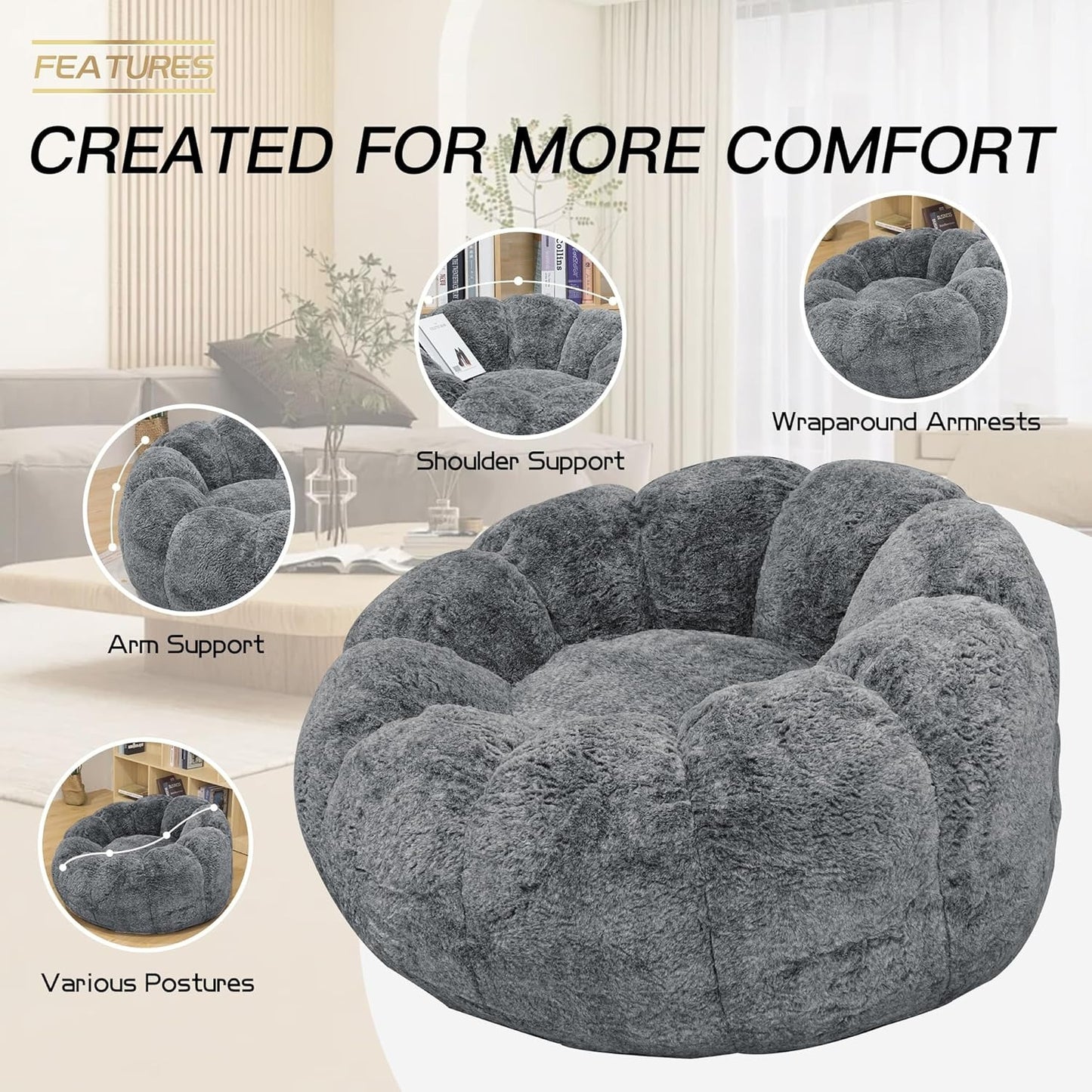 Bean Bag Chair, Faux Fur Bean Bag Chairs with Filler, Comfy Cozy Bean Bag Chair with Low Back Support and Petal Armrest, Fluffy Bean Bag Chair with Structure Petal for Small Space, Bedroom, Living Room