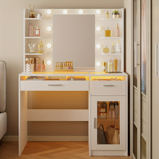 SUPERLELE Vanity Desk with Lights, Makeup Vanity with Mirror, Power Strip And 10 Lights, Makeup Table with 2 Drawers, Vanity Mirror 3 Lighting Color Adjustable, Heavy Duty Dresser, White, for Halloween And Christmas