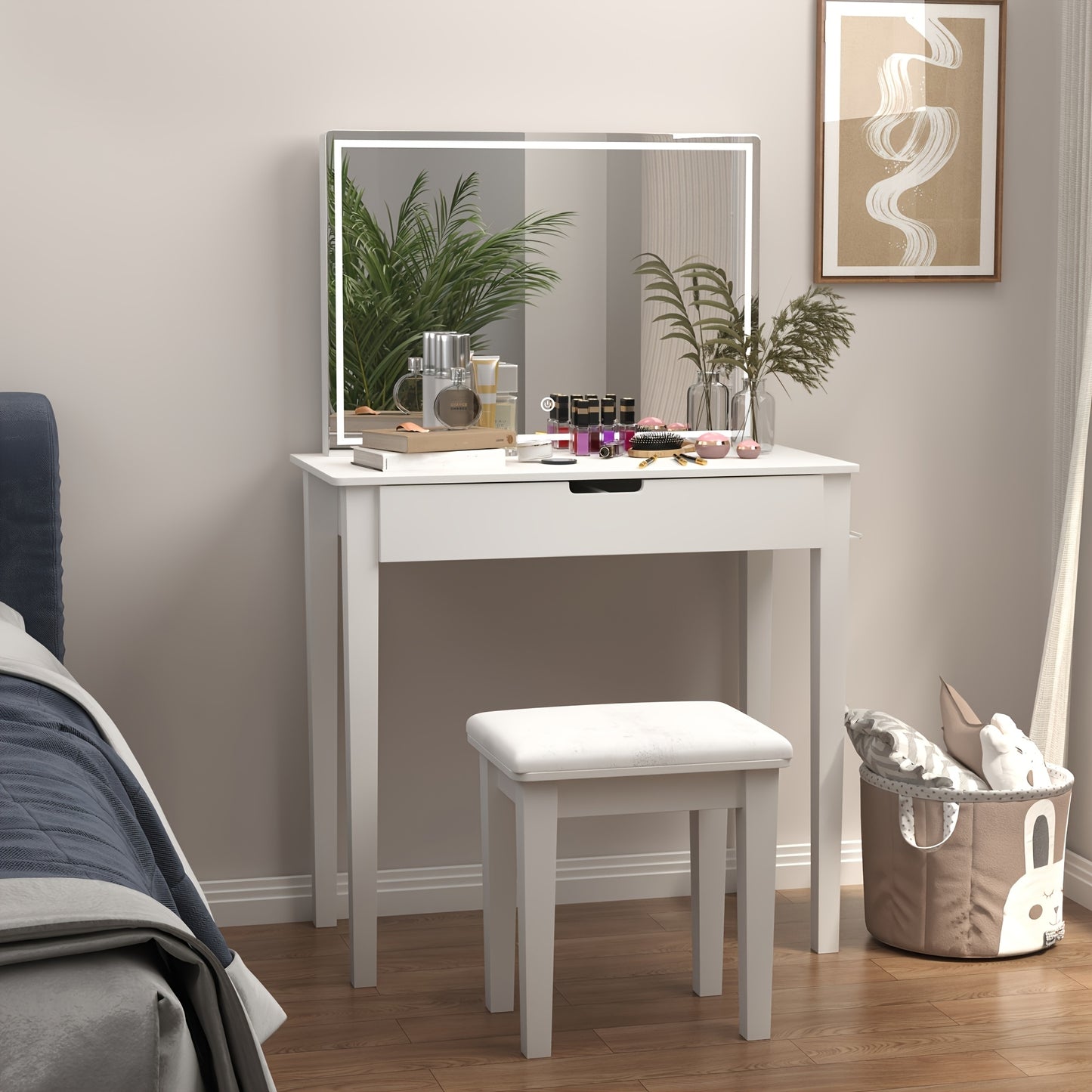 1pc Contemporary White Wooden Vanity Desk Set with Dimmable LED Mirror, 1 Drawer Storage, and Stool - Freestanding Makeup Dressing Table for Bedroom, US Plug, 110V-240V
